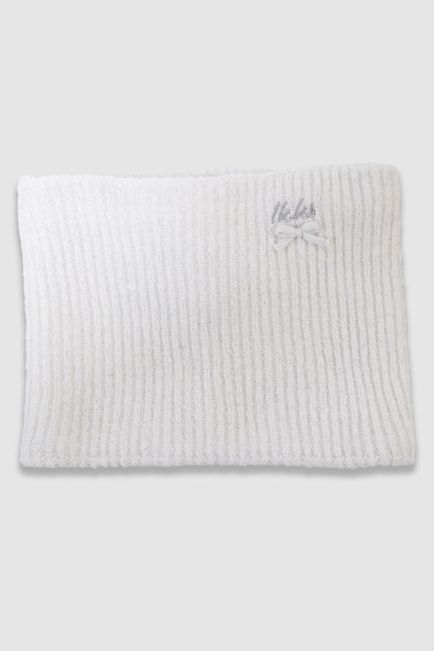 GIRLS’ WHITE GLITTERY KNIT SNOOD WITH BOW 1