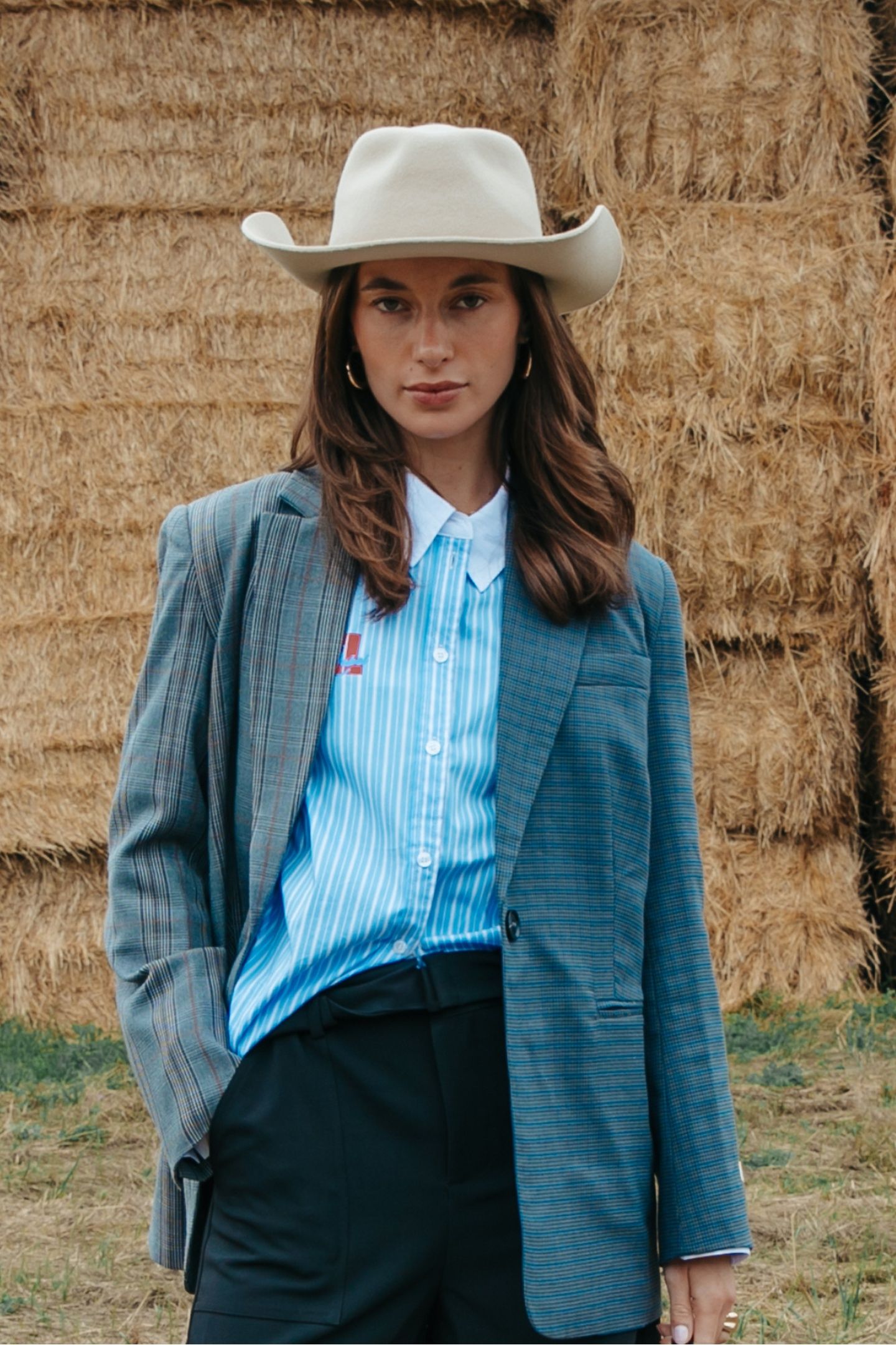 MIMMI CHECK TWO TONE SINGLE BREASTED BLAZER GREY/BLUE 8