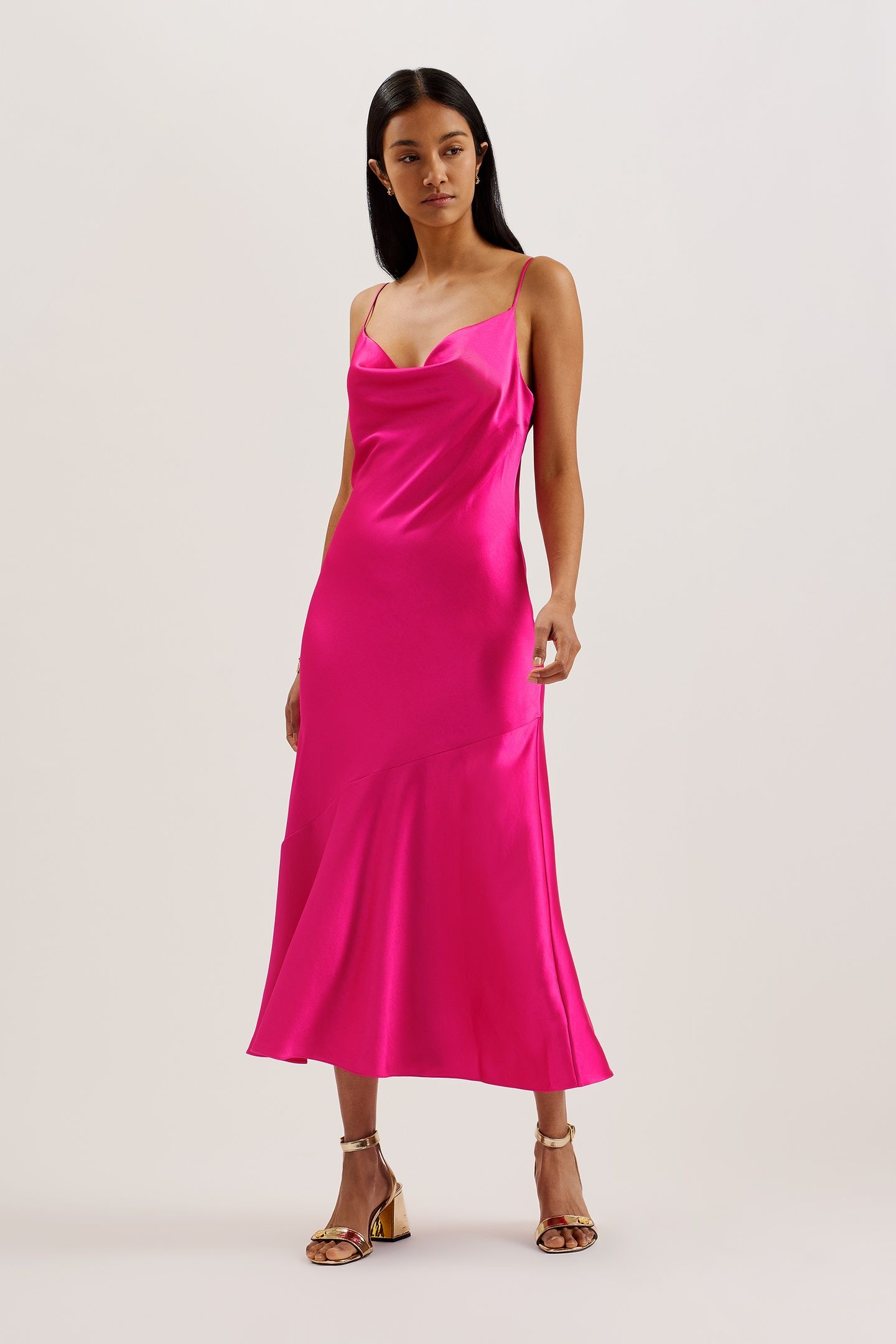 TUNCA SATIN COWL NECK EVENING MIDI DRESS PINK 1