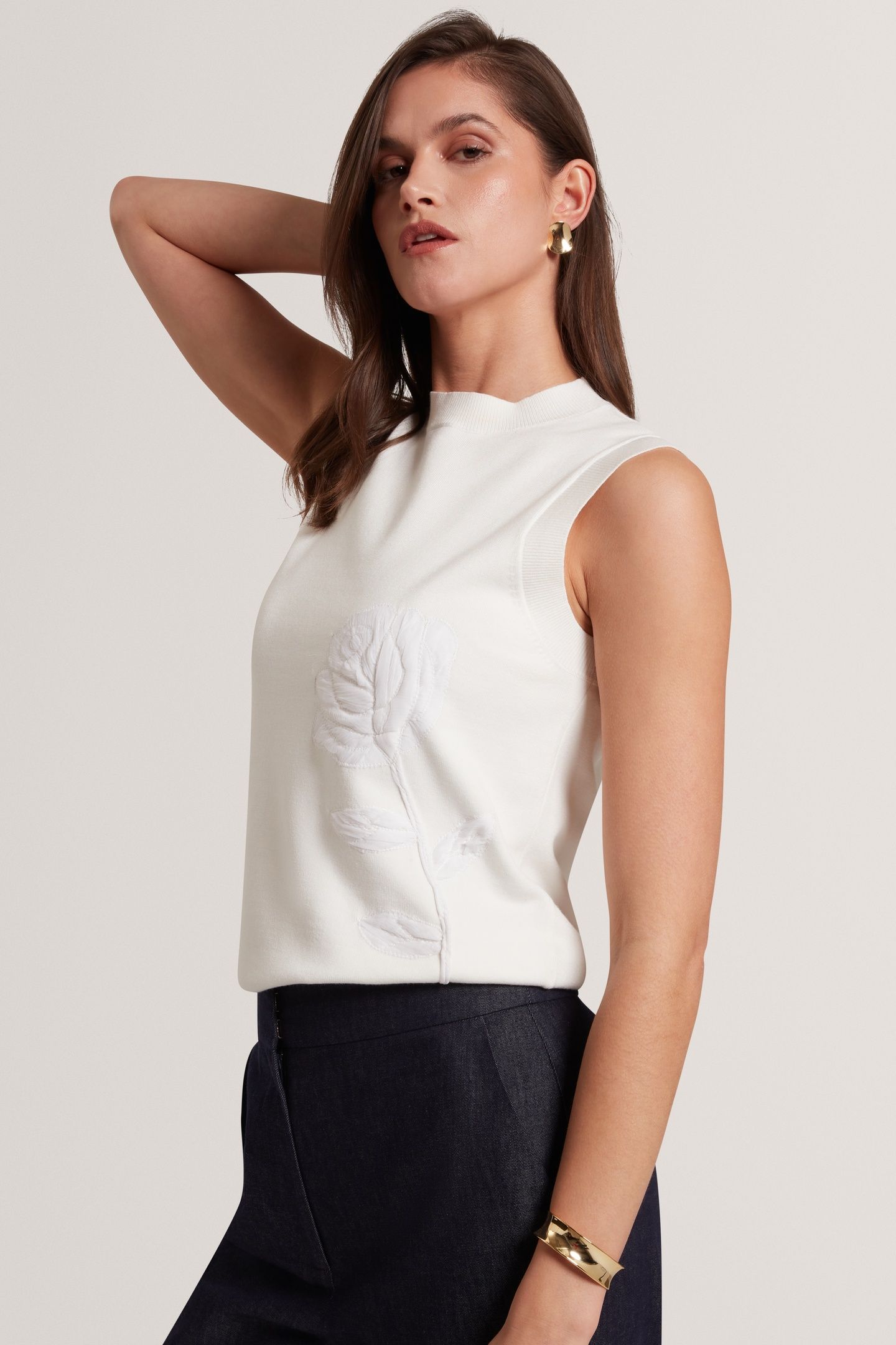 KNITTED ORGANZA APPLIQUE TANK IVORY 1