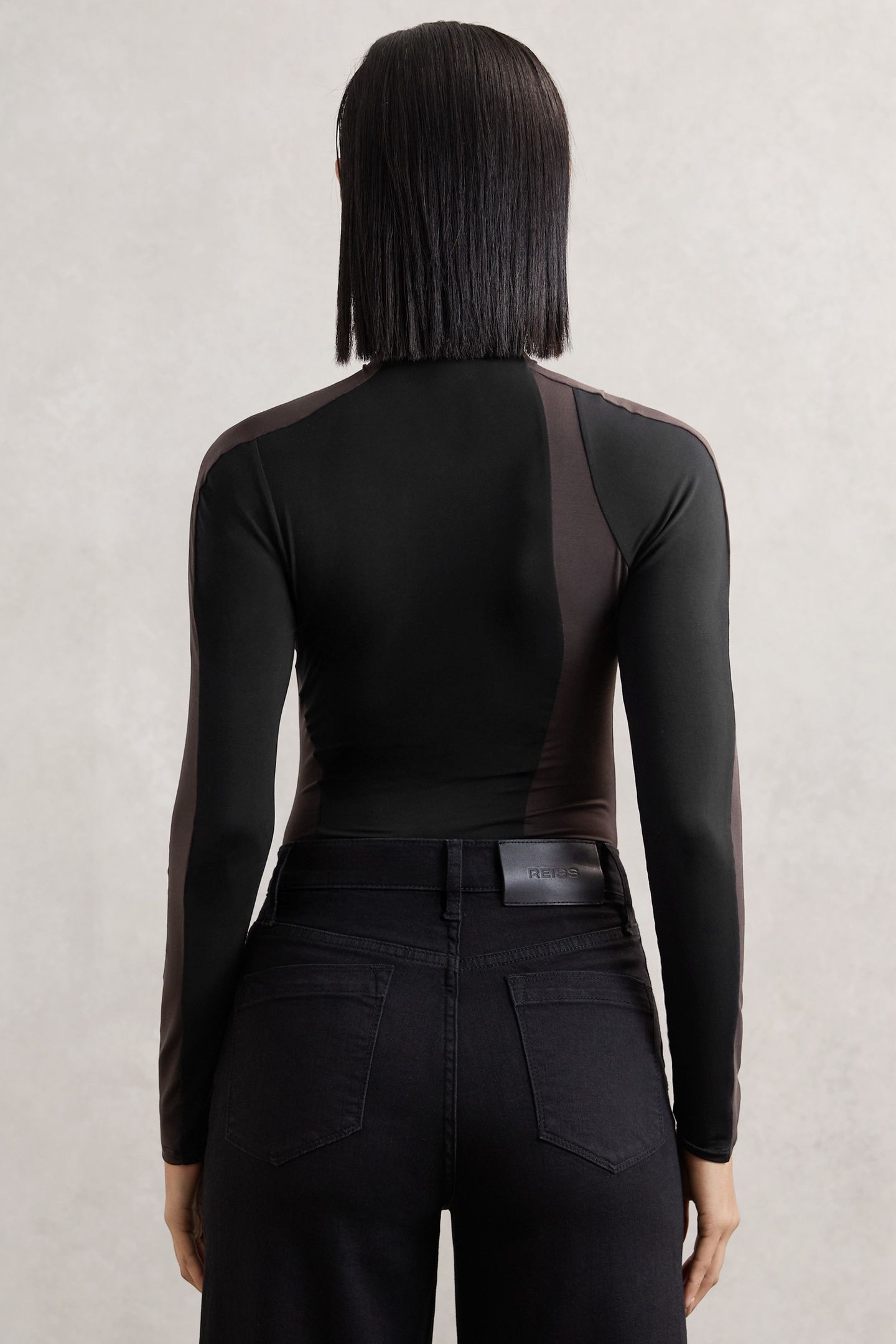 PATTERNED RUCHED BODYSUIT BLACK/CHOCOLATE BROWN 3