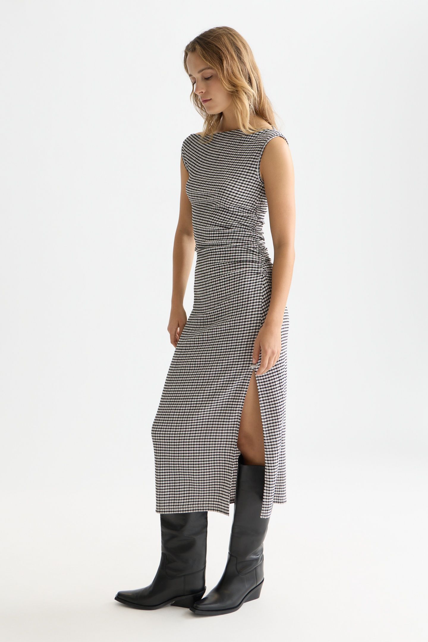 STRUCTURED GINGHAM DRAPEY MIDI DRESS METEORITE 6