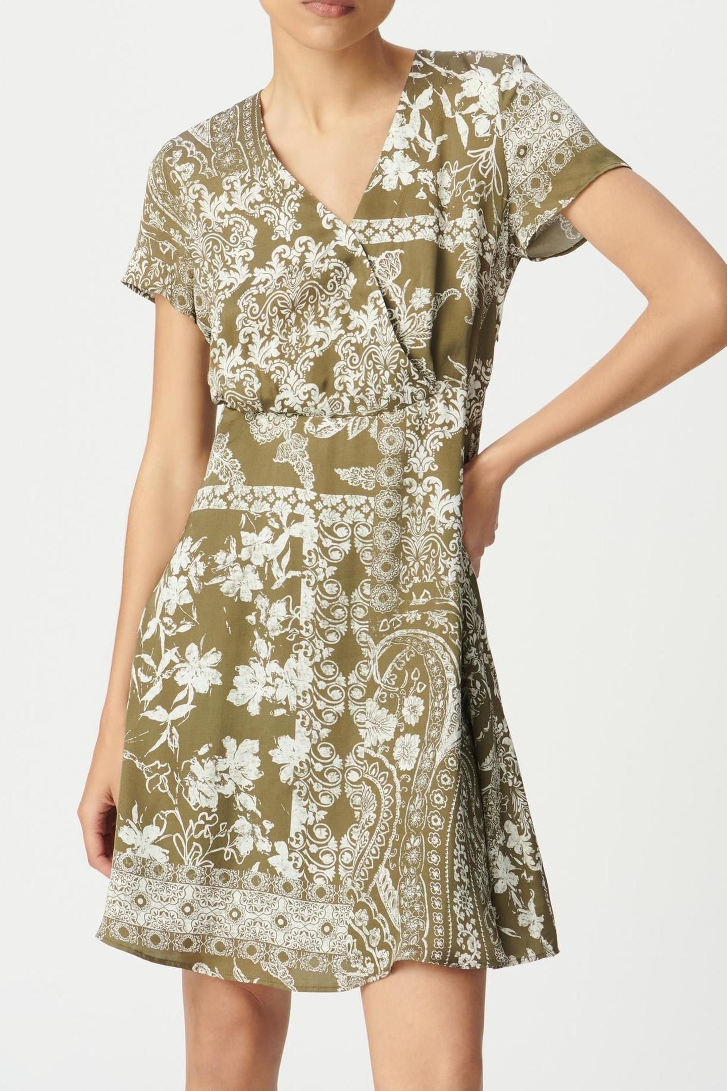 KHAKI FLOWING DRESS WITH SCARF PRINT 1