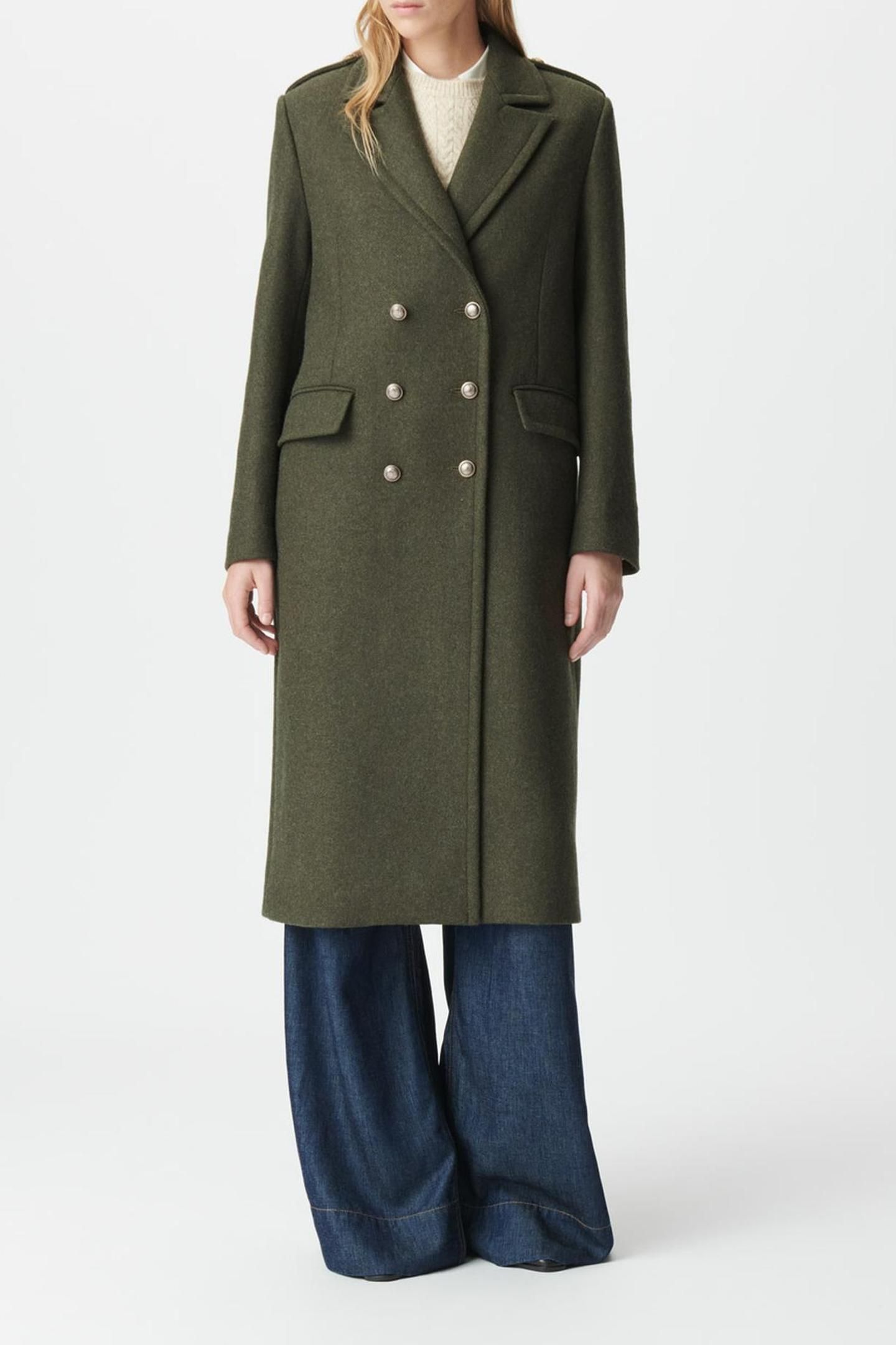 KHAKI LONG PEA COAT WITH ENGRAVED BUTTONS 1
