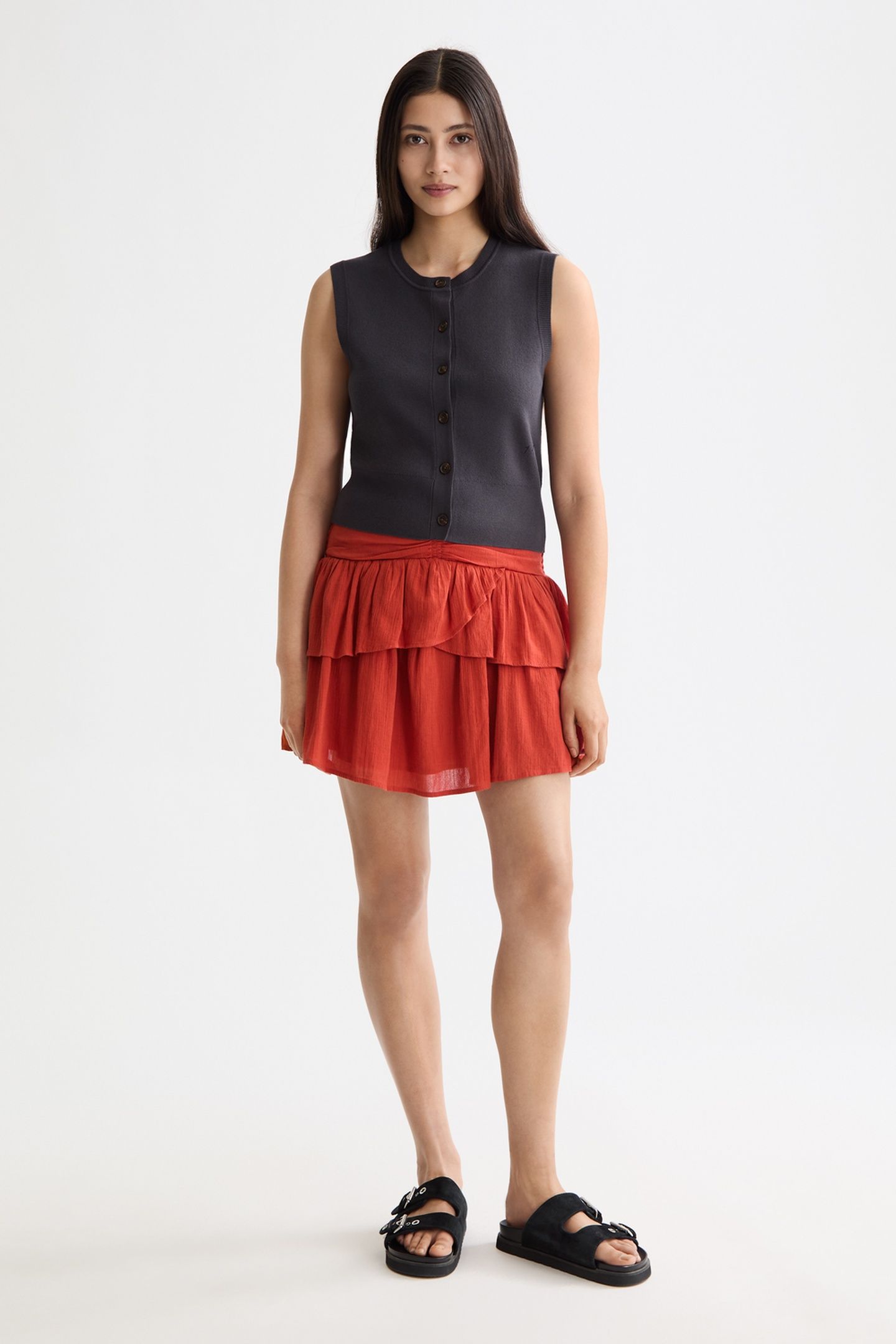 CRINKLE GAUZE GATHERED AND SMOCKED MINI SKIRT KETCHUP 3