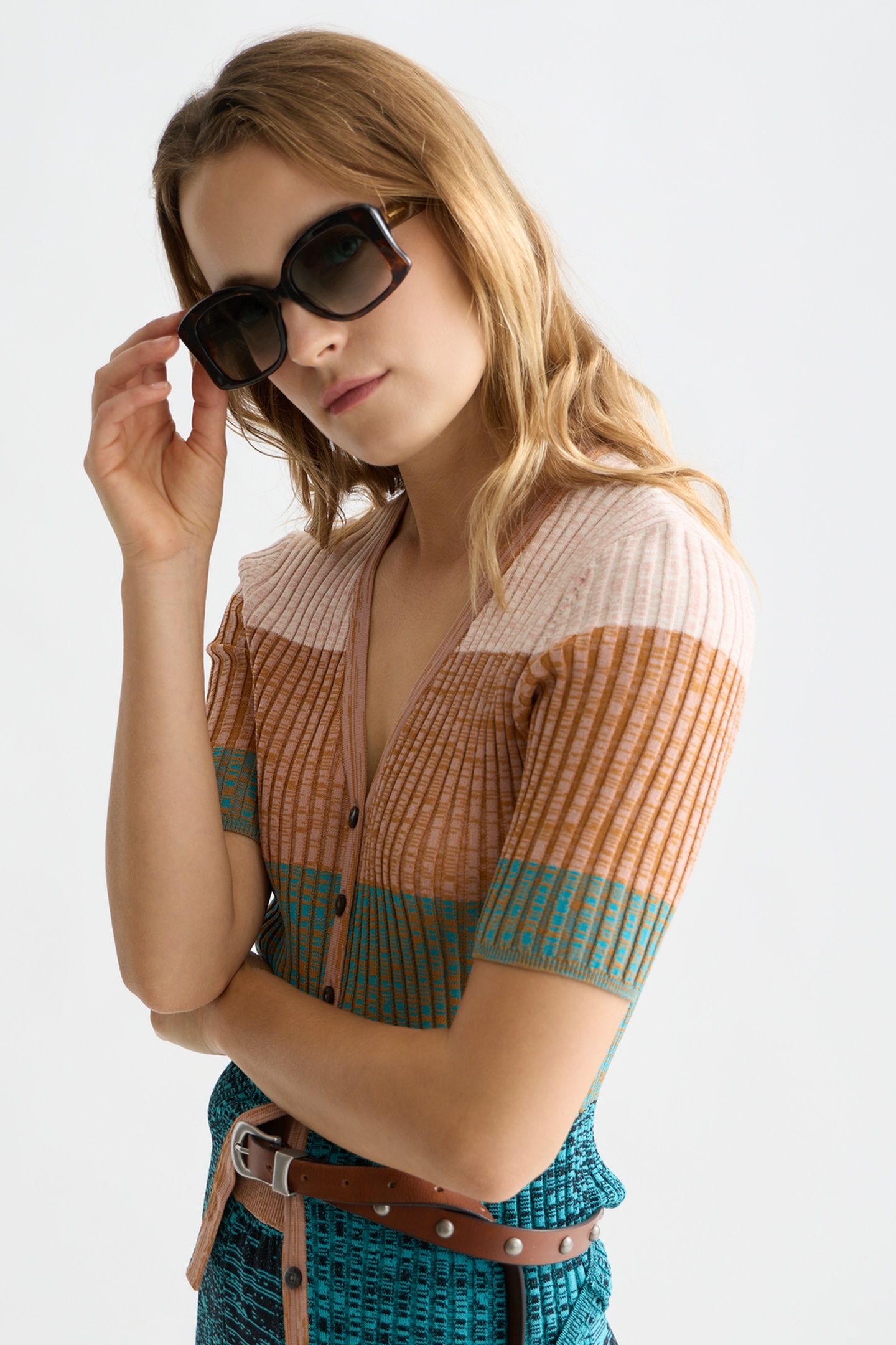 BLOCK STRIPE RIBBED SHORT SLEEVE CARDIGAN TAHITIAN TEAL 7
