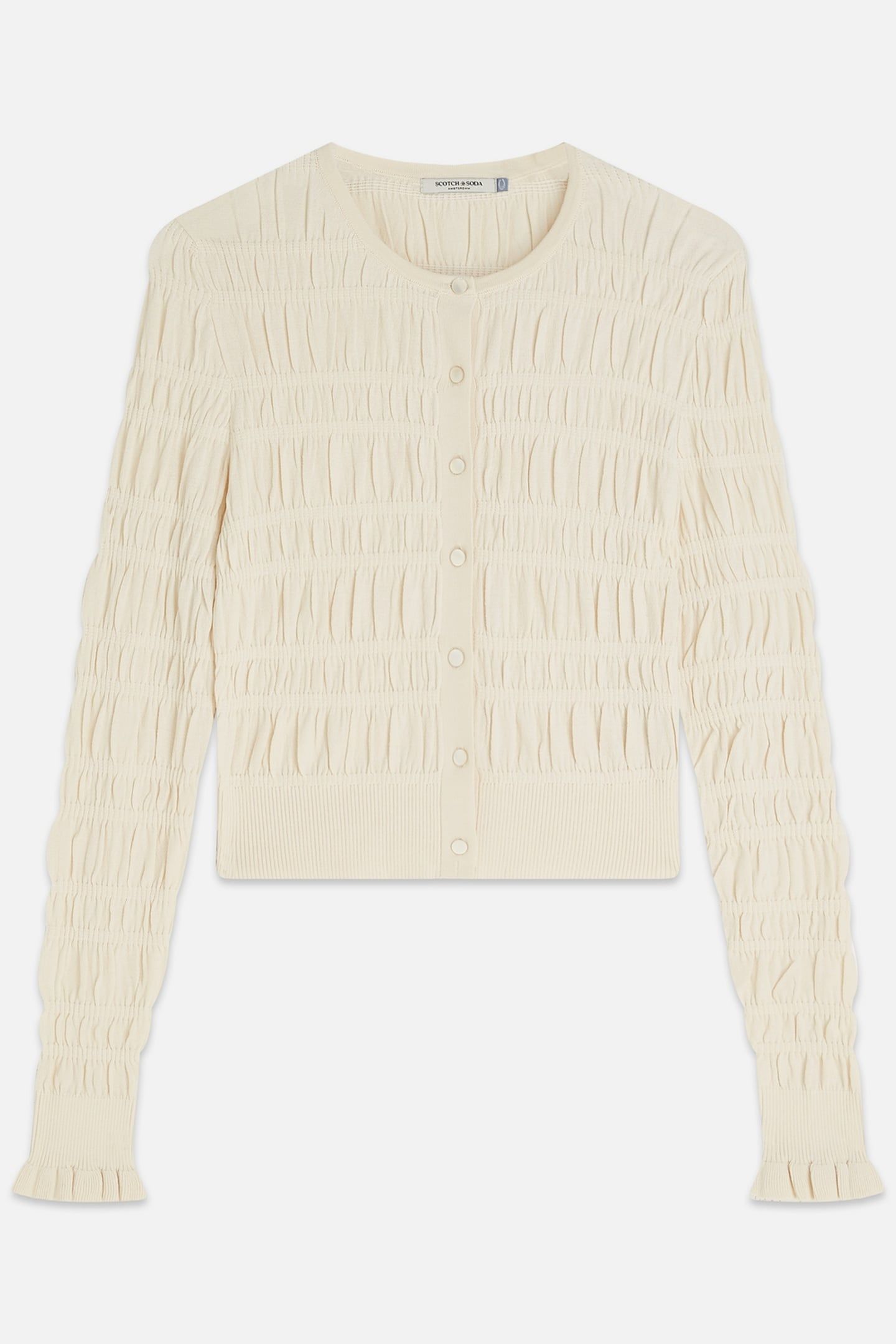 SMOCK STITCH CREW NECK CARDIGAN EGGNOG 1