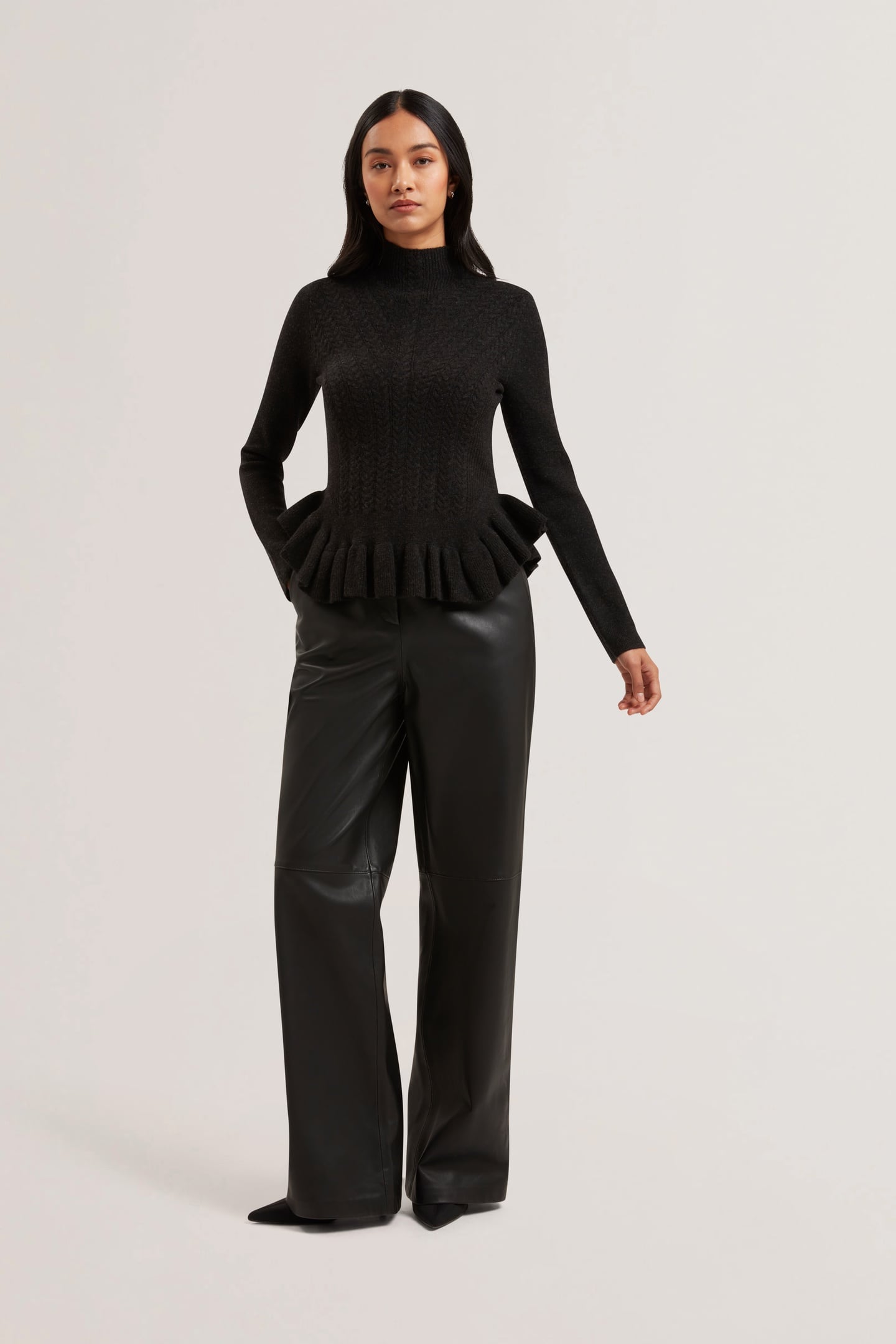 VIOLHA CROPPED PEPLUM CABLE KNIT SWEATER GREY 2