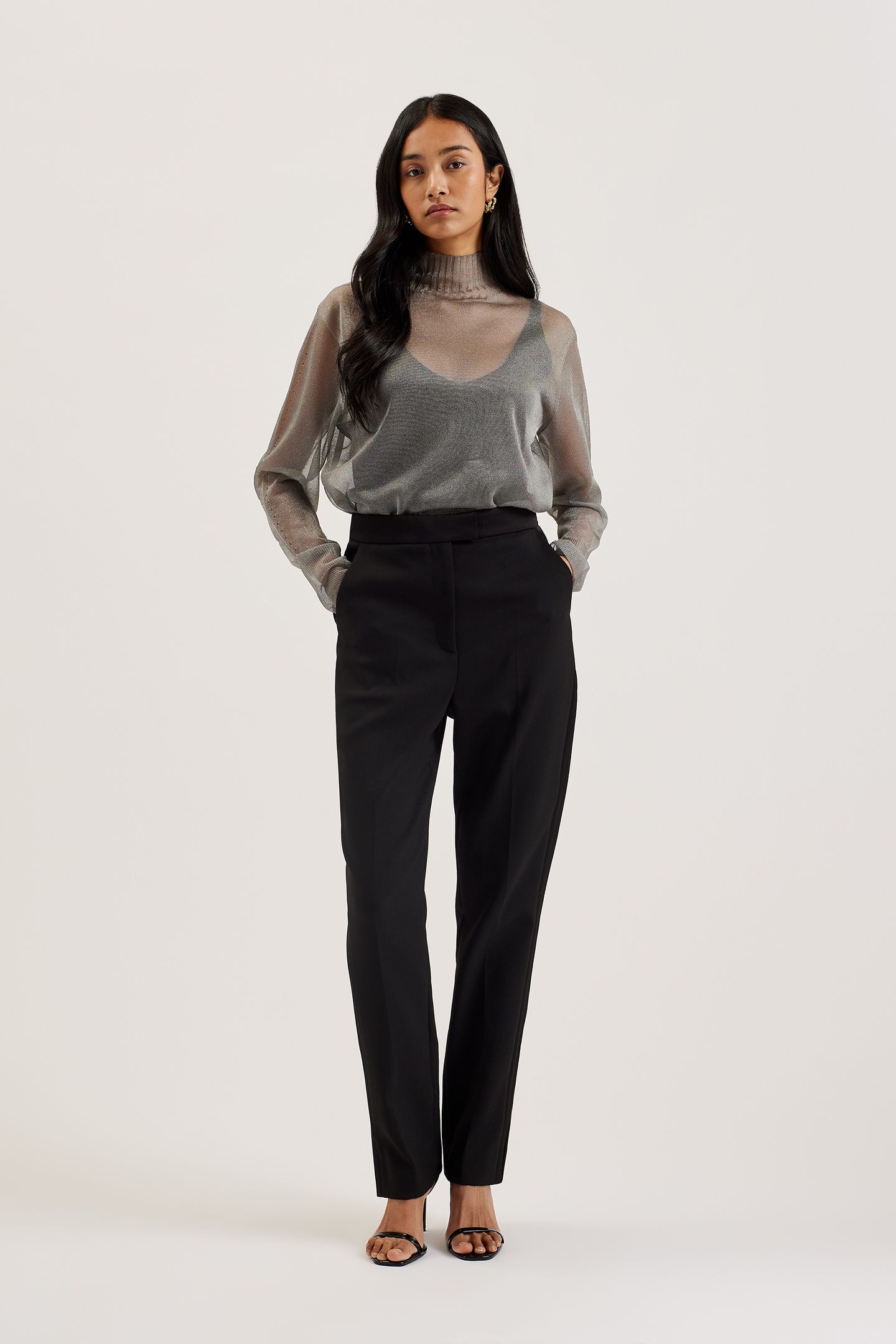 TAYLAW SHEER FUNNEL NECK TOP GREY 1