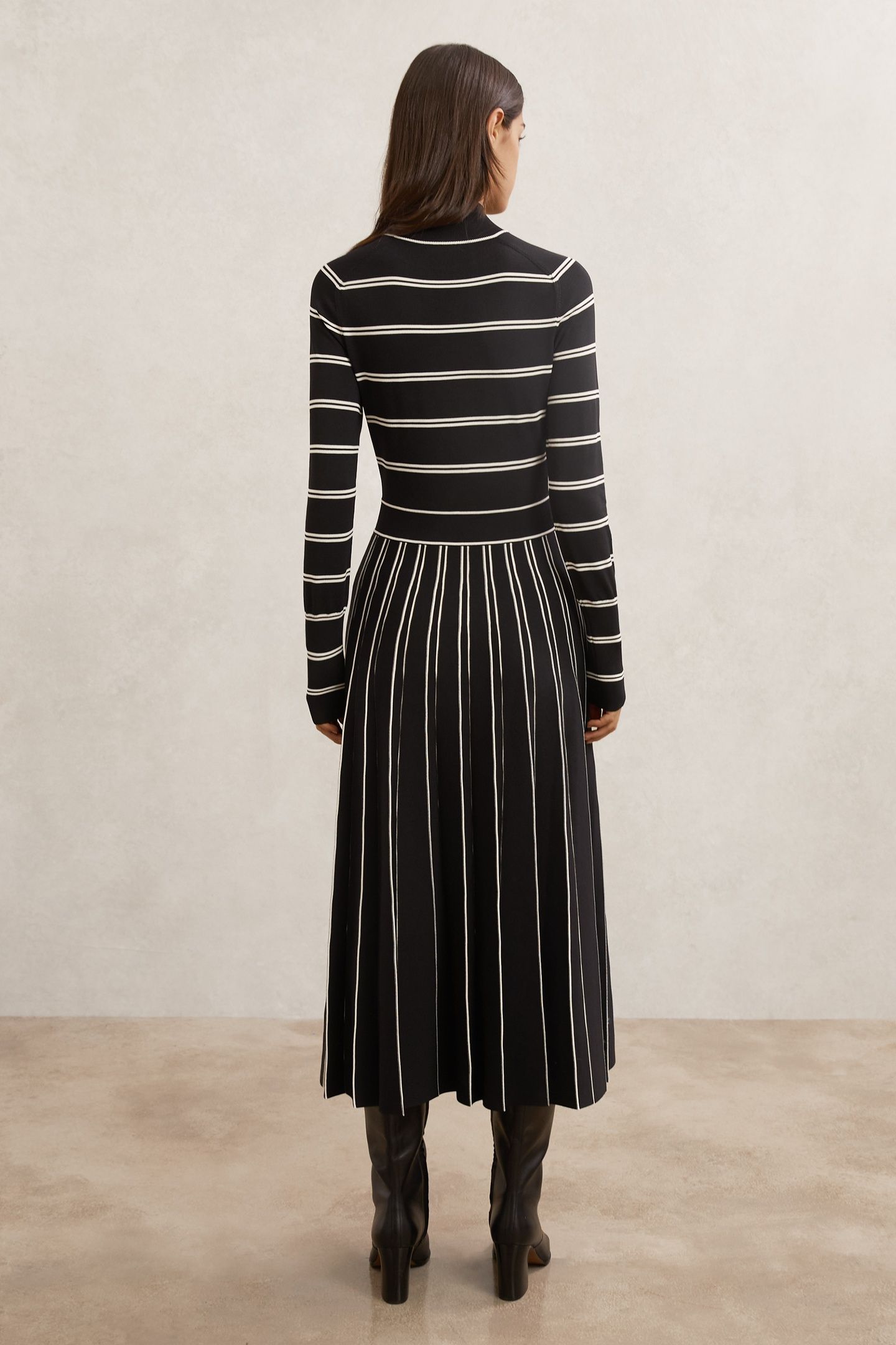 STRIPED PLEAT KNITTED MIDI DRESS BLACK/IVORY 2