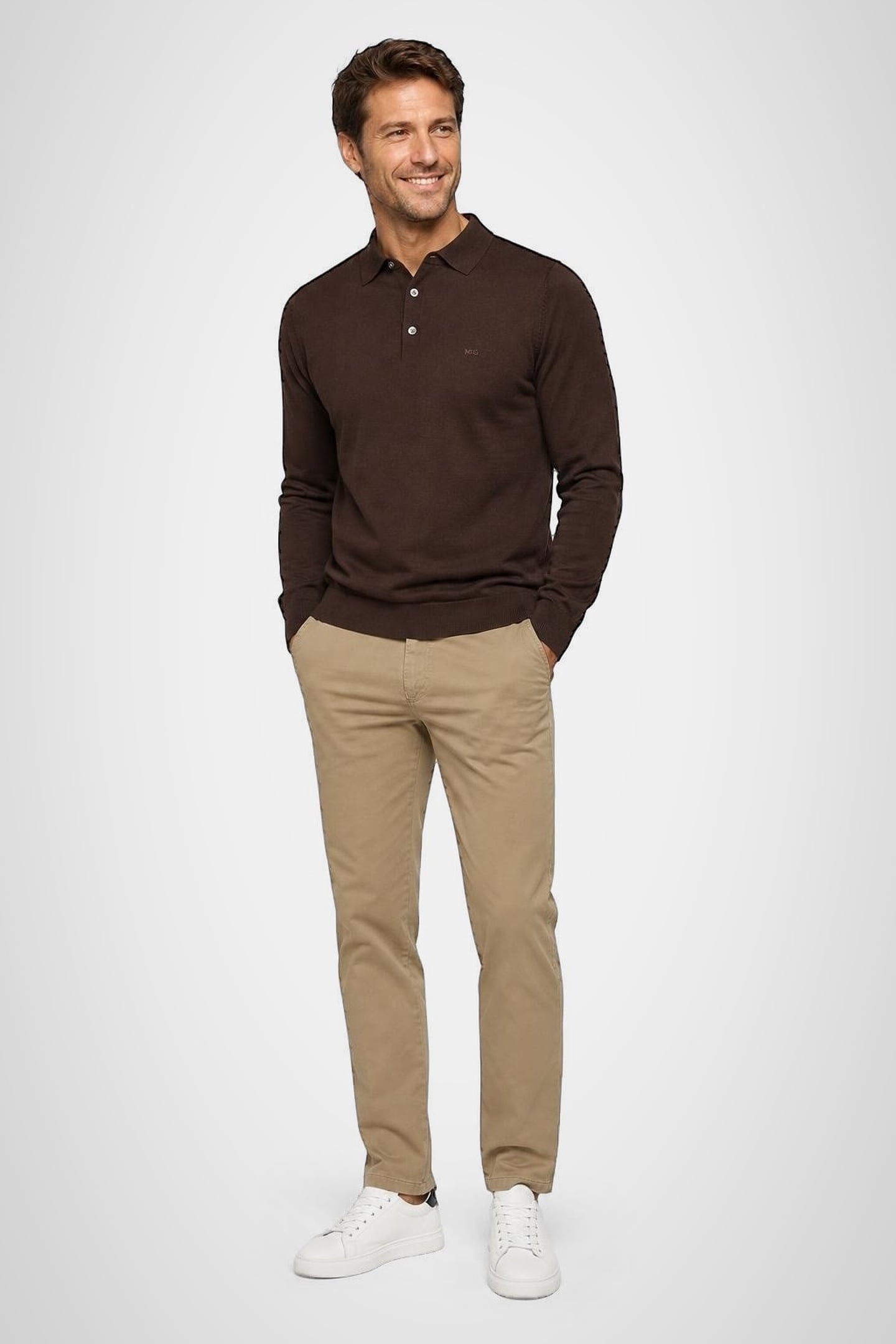 FINE MERINO L/S POLO CHOCOLATE BROWN 1