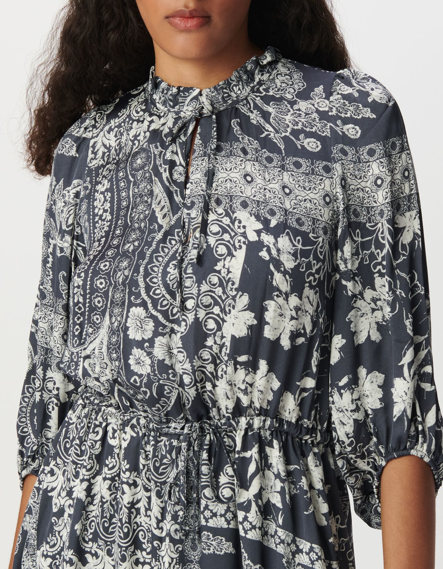GREY BLUE SATIN LONG DRESS WITH SCARF PRINT 5