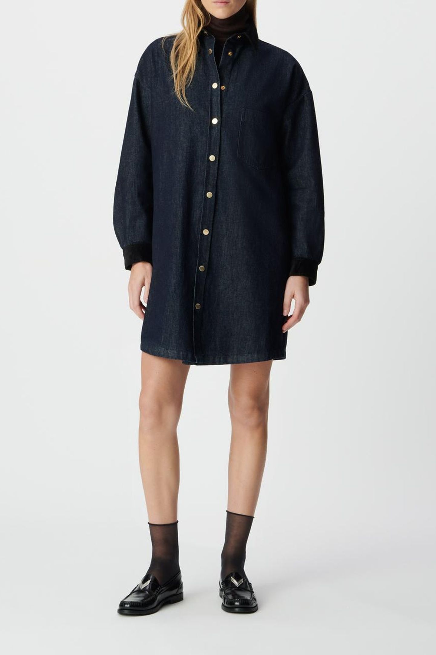 BLUE DENIM SHIRT DRESS, VELVET COLLAR AND CUFFS 3
