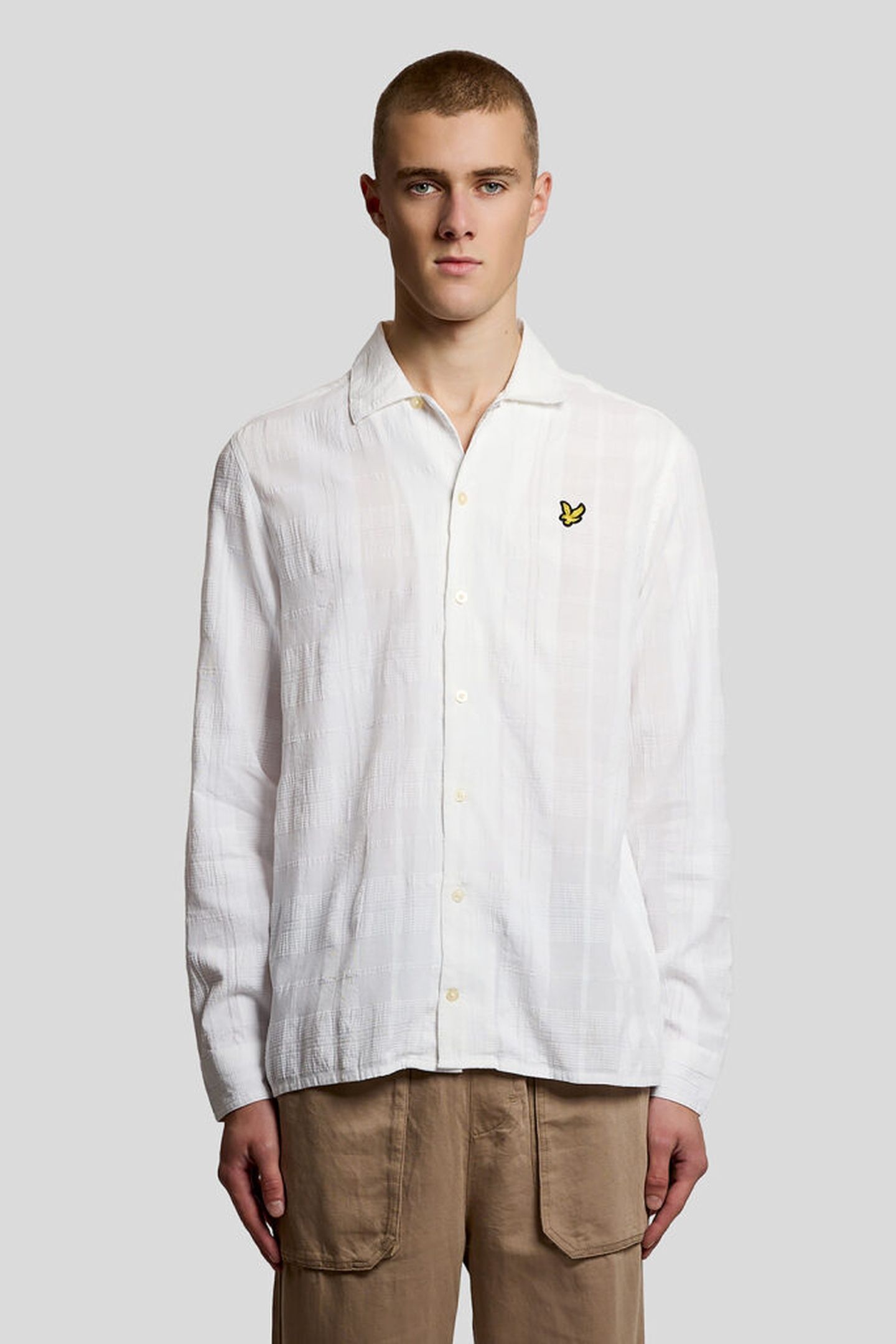 CHECK LONG SLEEVE REVERE COLLAR SHIRT WHITE 1