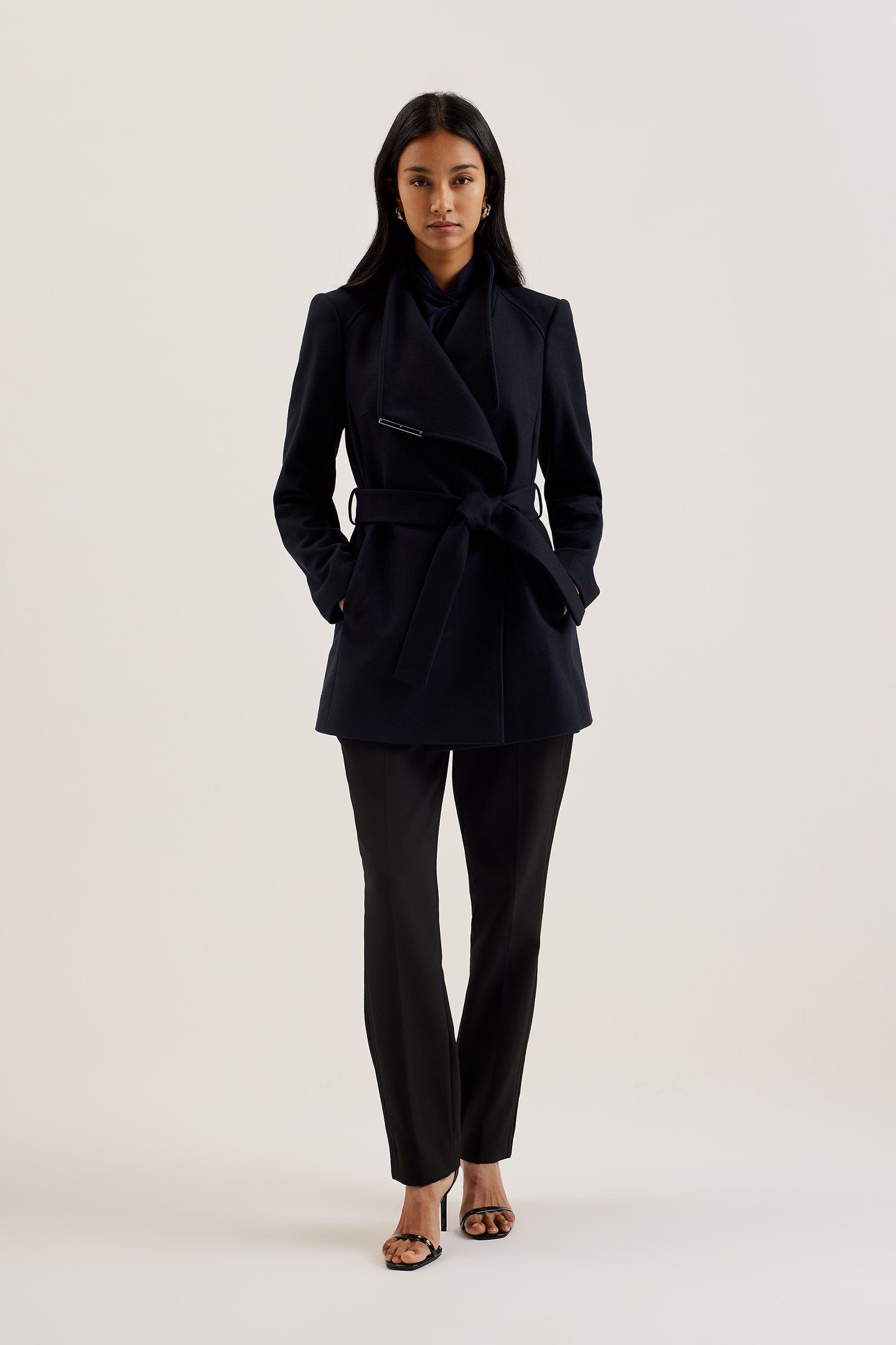 ROSESS SHORT BELTED WOOL WRAP COAT NAVY 1