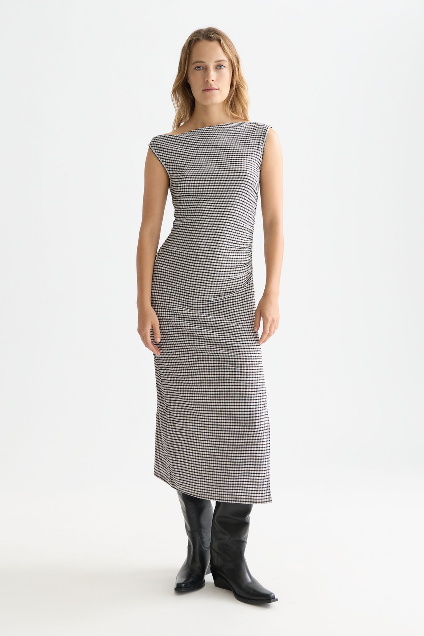 STRUCTURED GINGHAM DRAPEY MIDI DRESS METEORITE 3