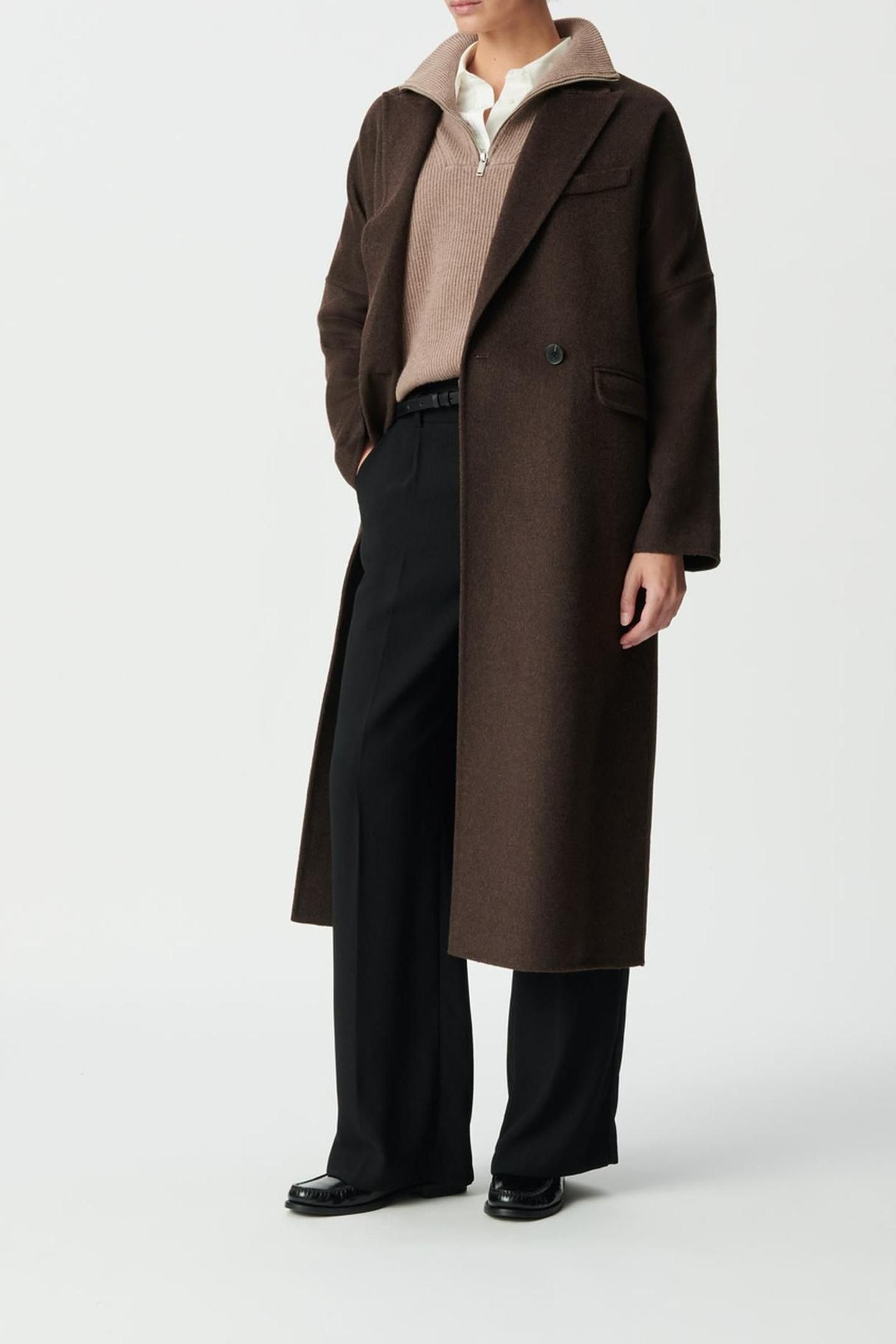 BROWN SUPPLE DOUBLE-BREASTED LONG COAT 5