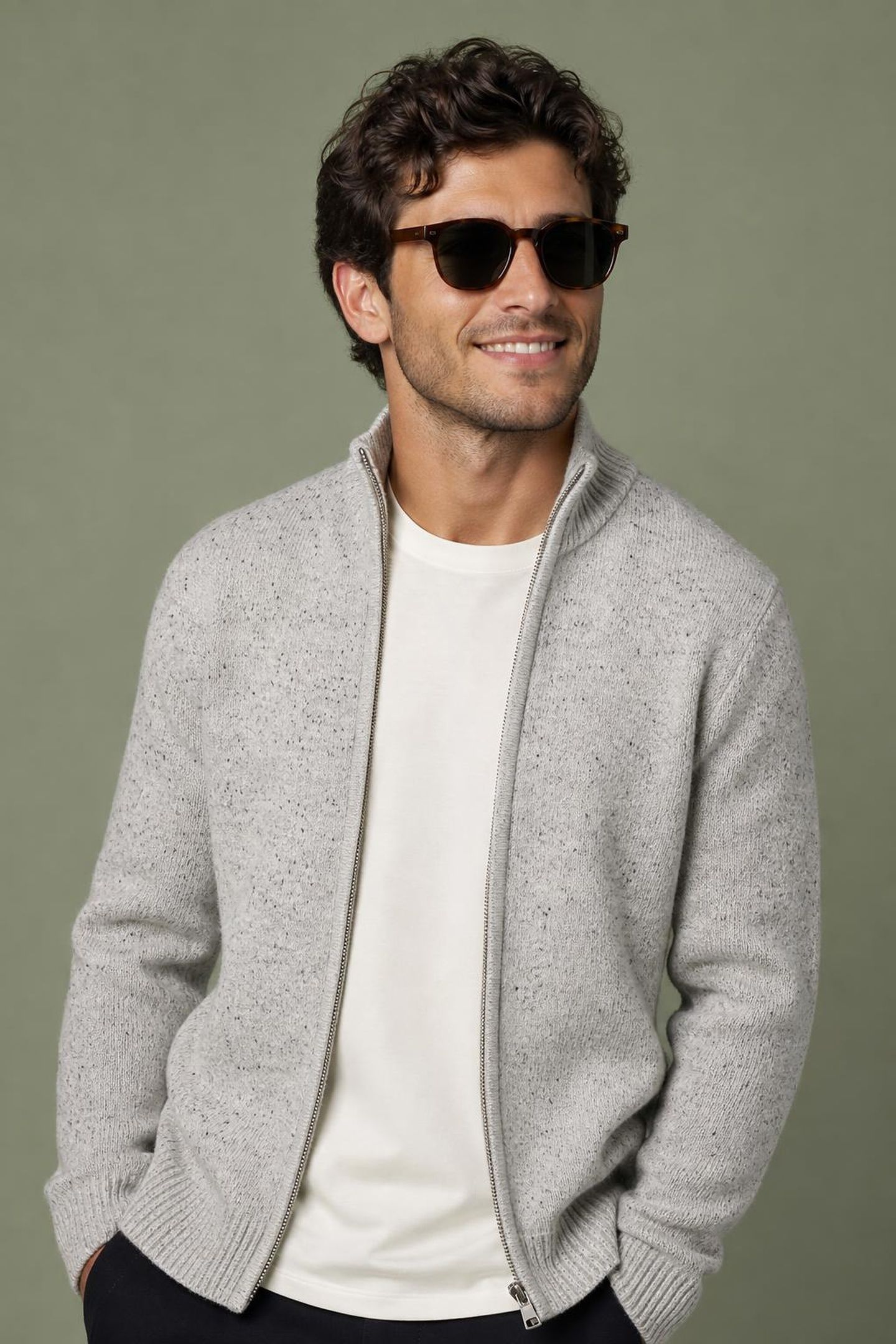 ZIP THRU FISHERMANS CARDIGAN MEDIUM GREY MELANGE 1