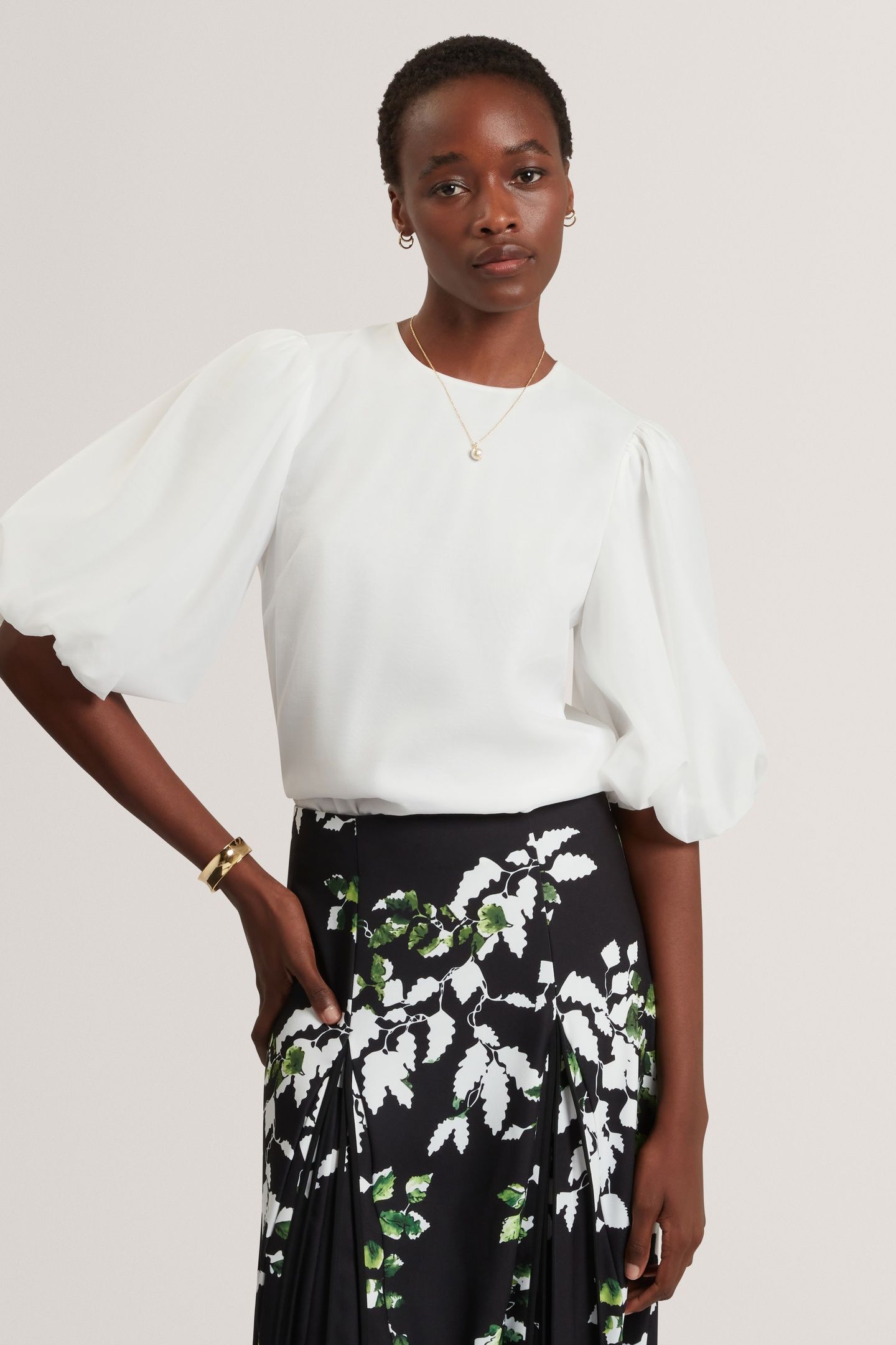 ORGANZA CREW NECK TOP WITH BALLOON SLEEVE IVORY 1