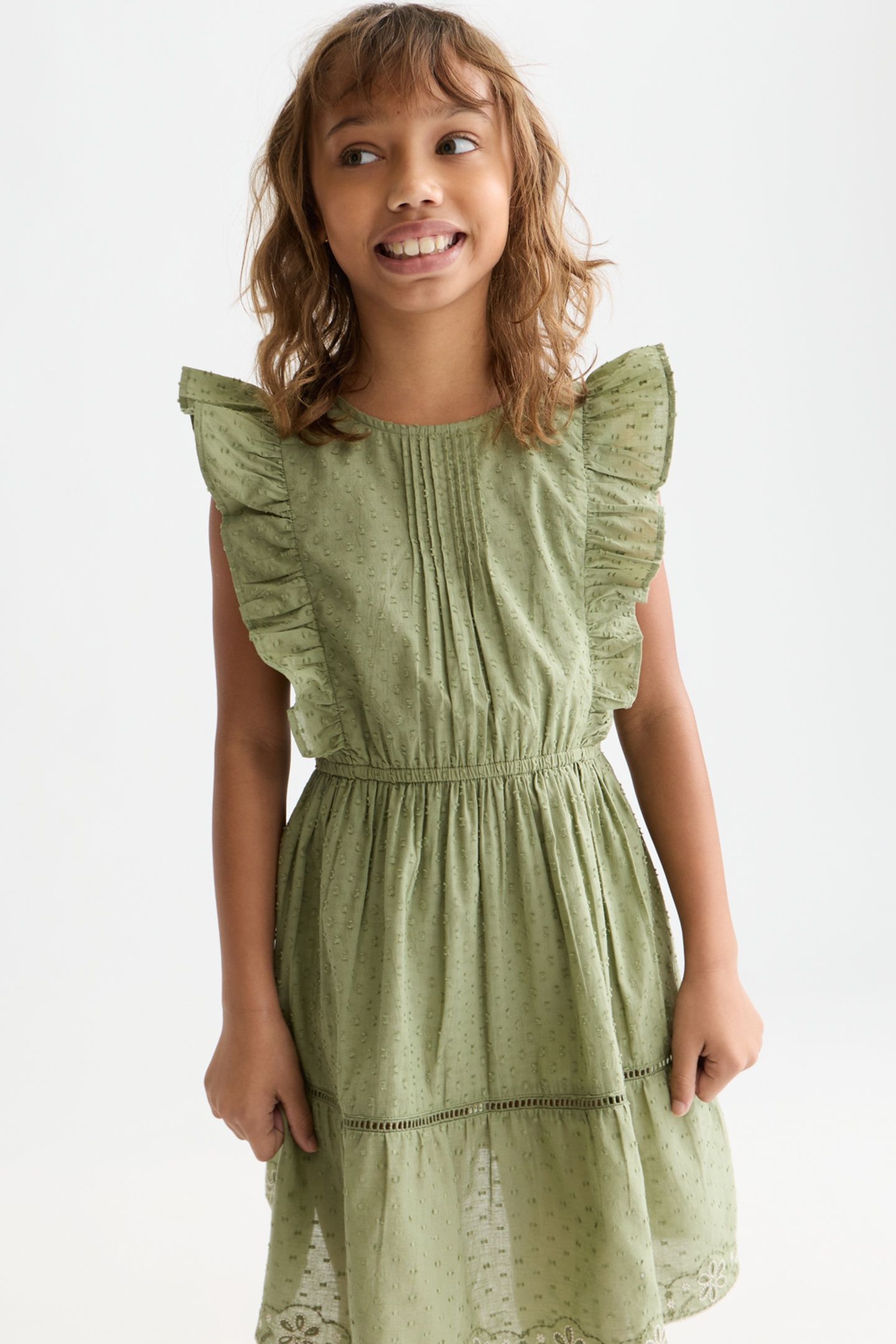 GIRLS EMBROIDERED HEM CLIP JACQUARD COTTON DRESS DARK GREEN 6