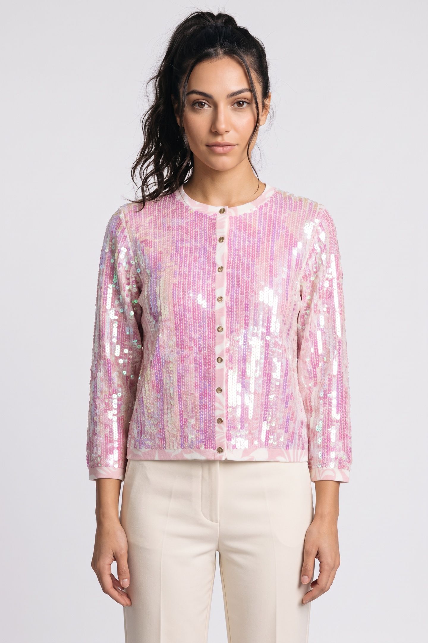 TSERIA PRINTED SEQUIN CROPPED CARDIGAN PINK 1