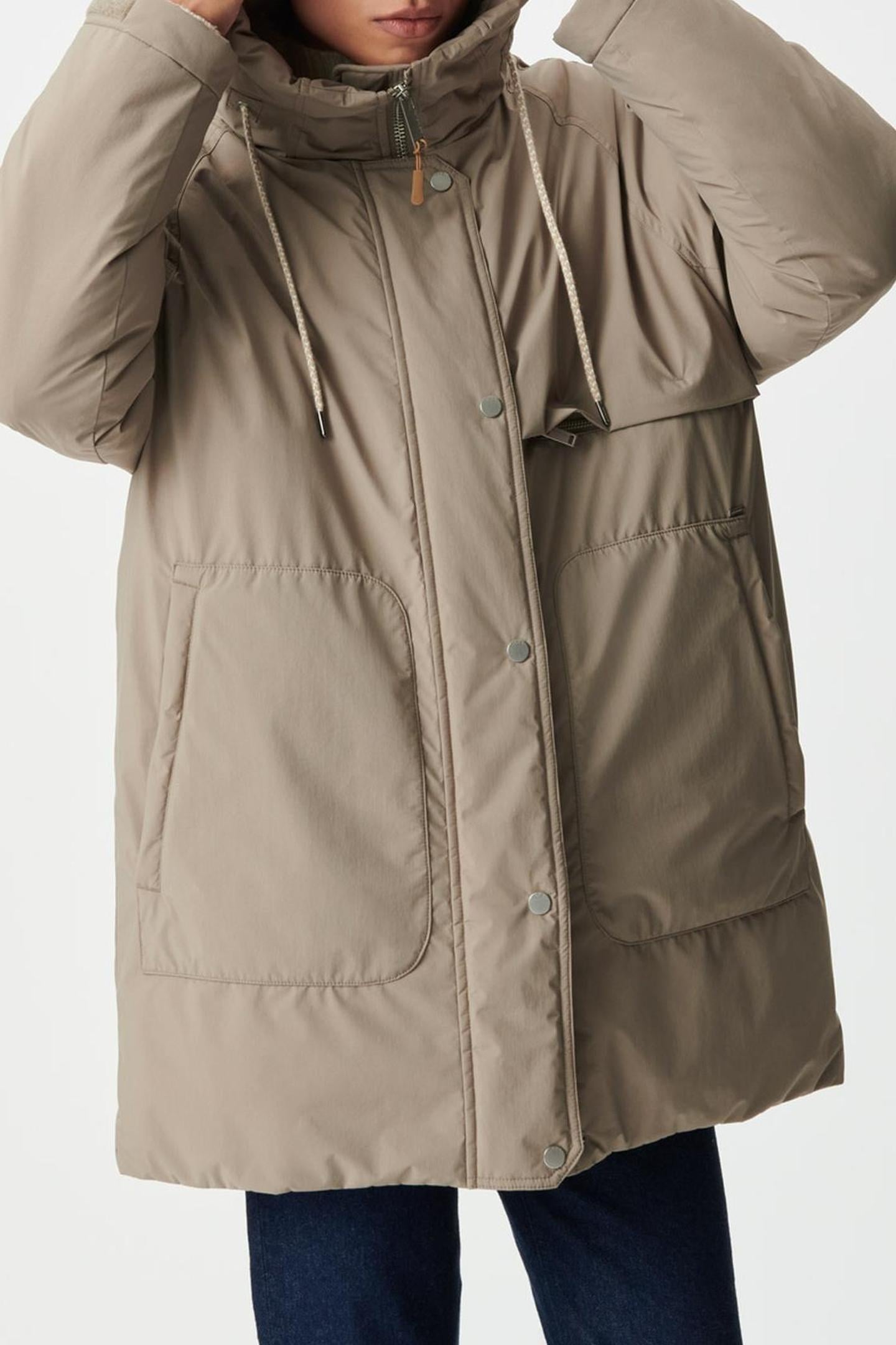 BEIGE PADDED JACKET WITH FUR-LINED HOOD 1