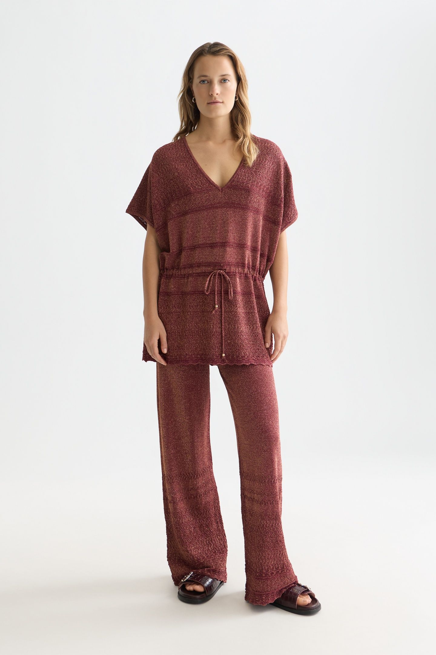 METALLIC POINTELLE KNITTED TUNIC BURNT HENNA 3