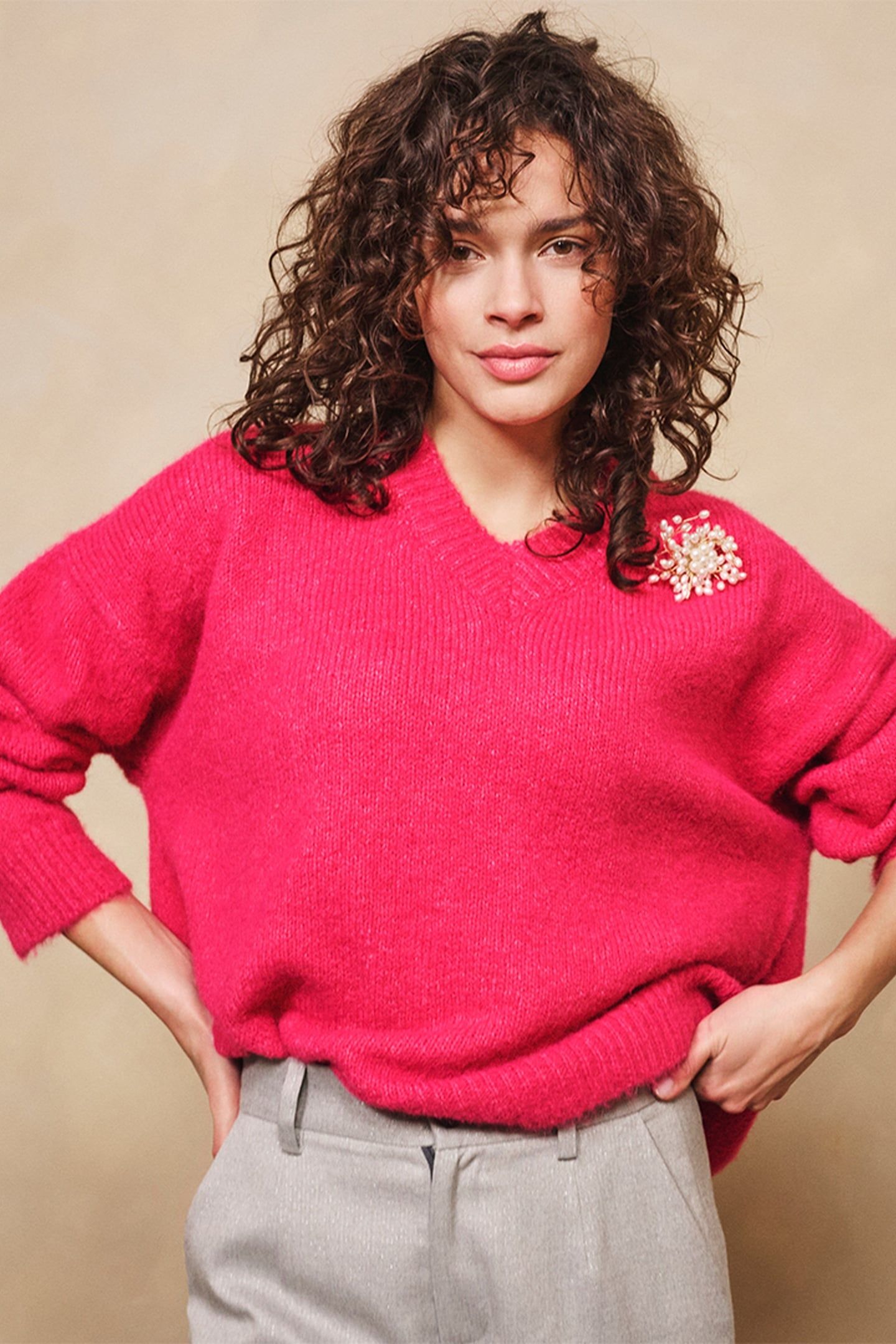 SWEATER V-NECK BROOCH FRAMBOISE 2