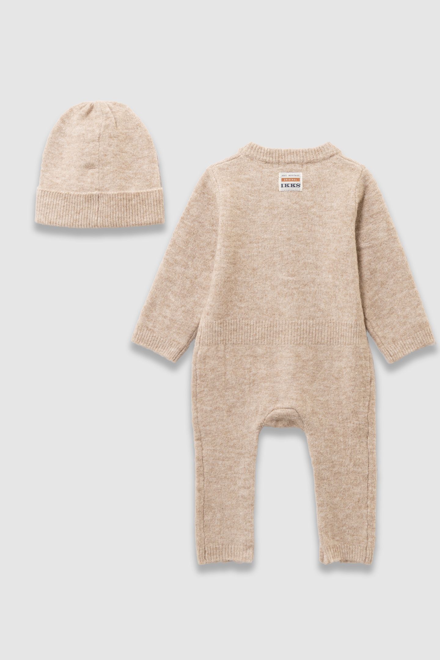 BABY BOYS’ BEIGE KNIT JUMPSUIT AND BEANIE OUTFIT 2