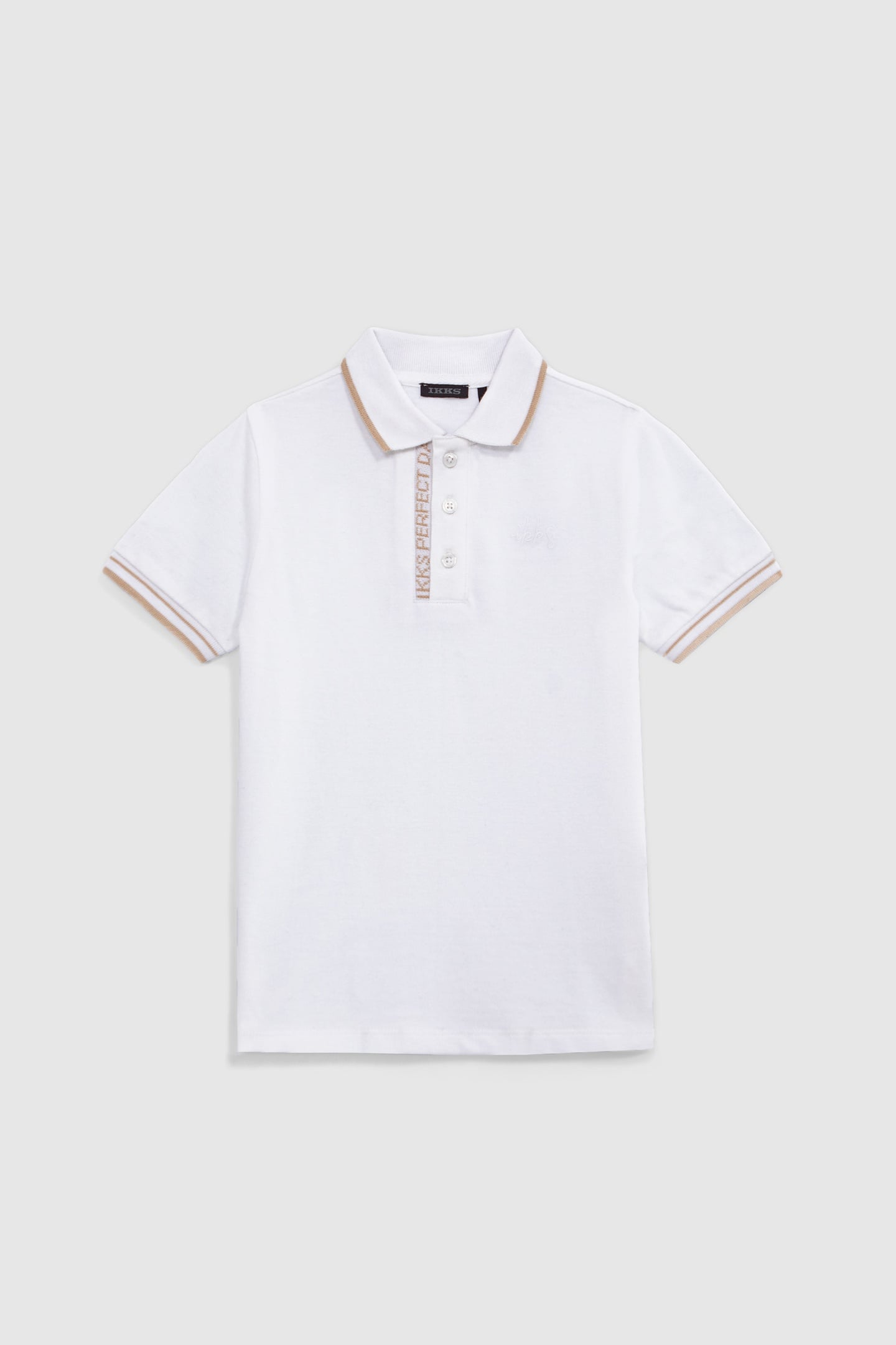 BOYS’ WHITE COTTON POLO SHIRT WITH STRIPED RIBBING 1
