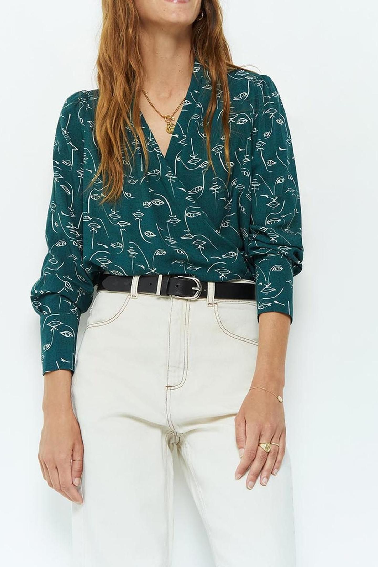 CINNAMON _ CEDAR GREEN BLOUSE WITH FACE PRINT 1