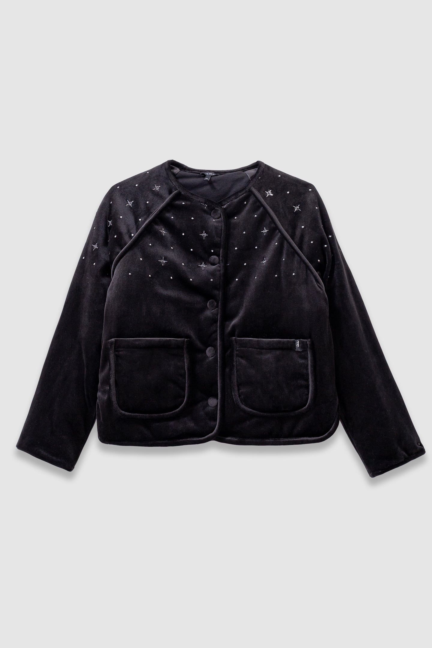 GIRLS’ BLACK QUILTED EMBROIDERED VELVET CARDIGAN 1