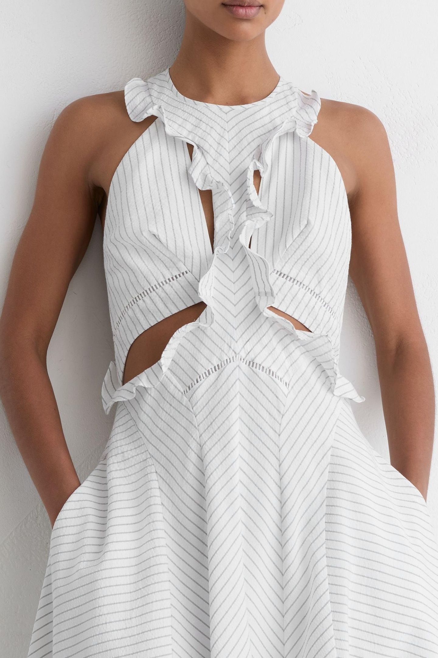 RUFFLE DETAIL STRIPED MIDI DRESS IVORY/BLUE 7