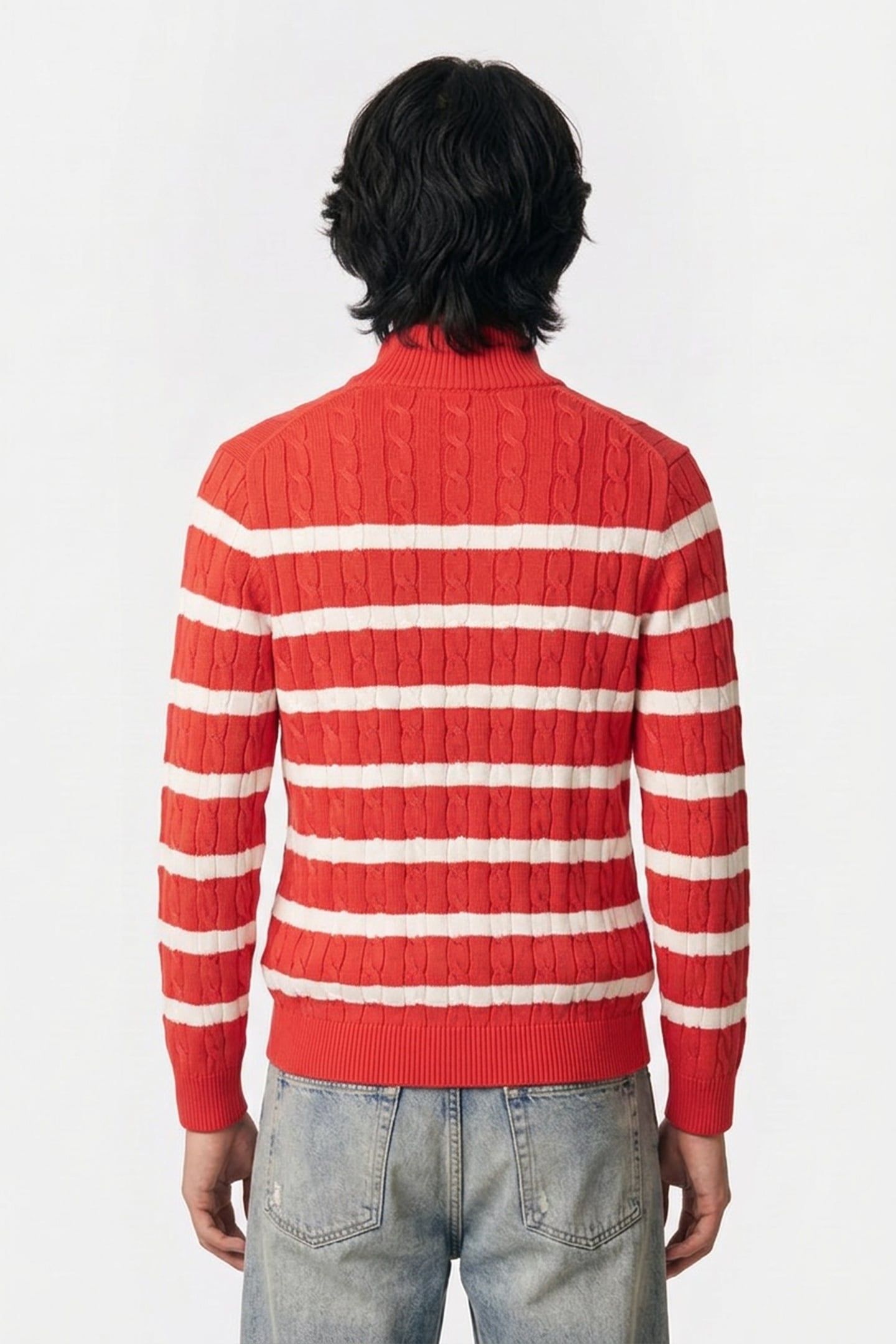 STRIPED COTTON CABLE HALF ZIP ROSE RED 2