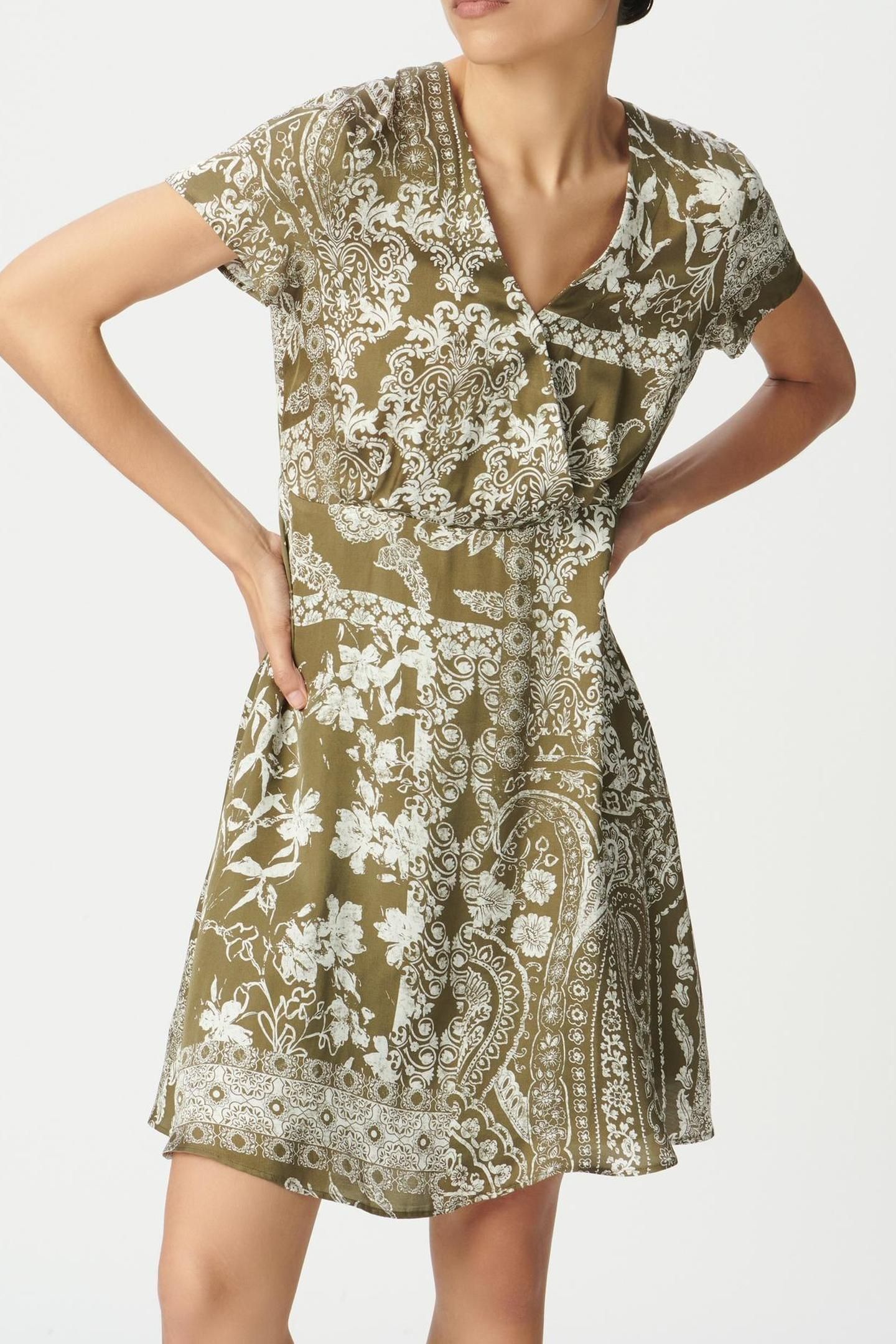 KHAKI FLOWING DRESS WITH SCARF PRINT 5