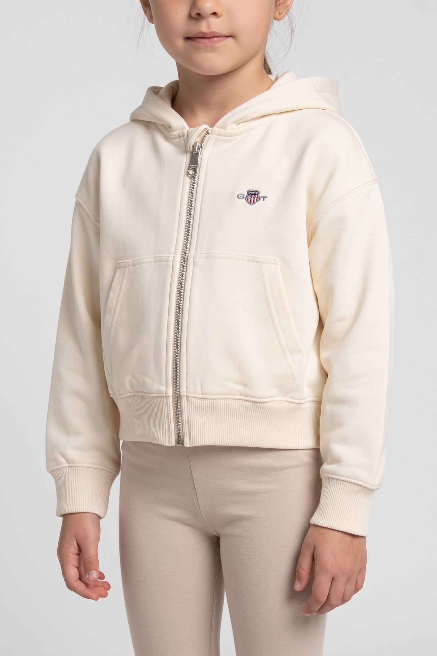 KIDS GIRLS SHIELD OVERSIZE CROP ZIP HOODIE CREAM 1