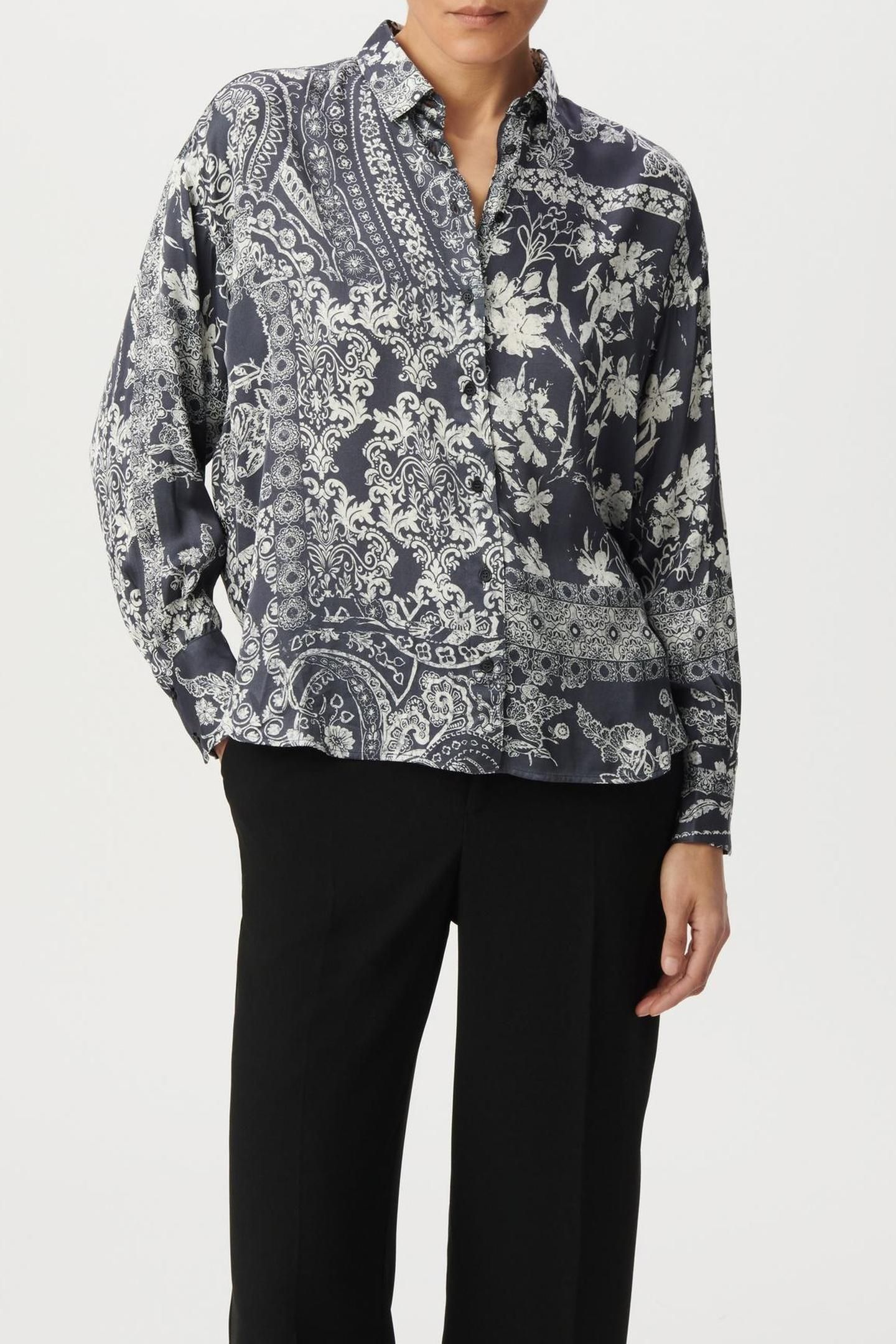 GREY BLUE SATIN SHIRT WITH SCARF PRINT 1