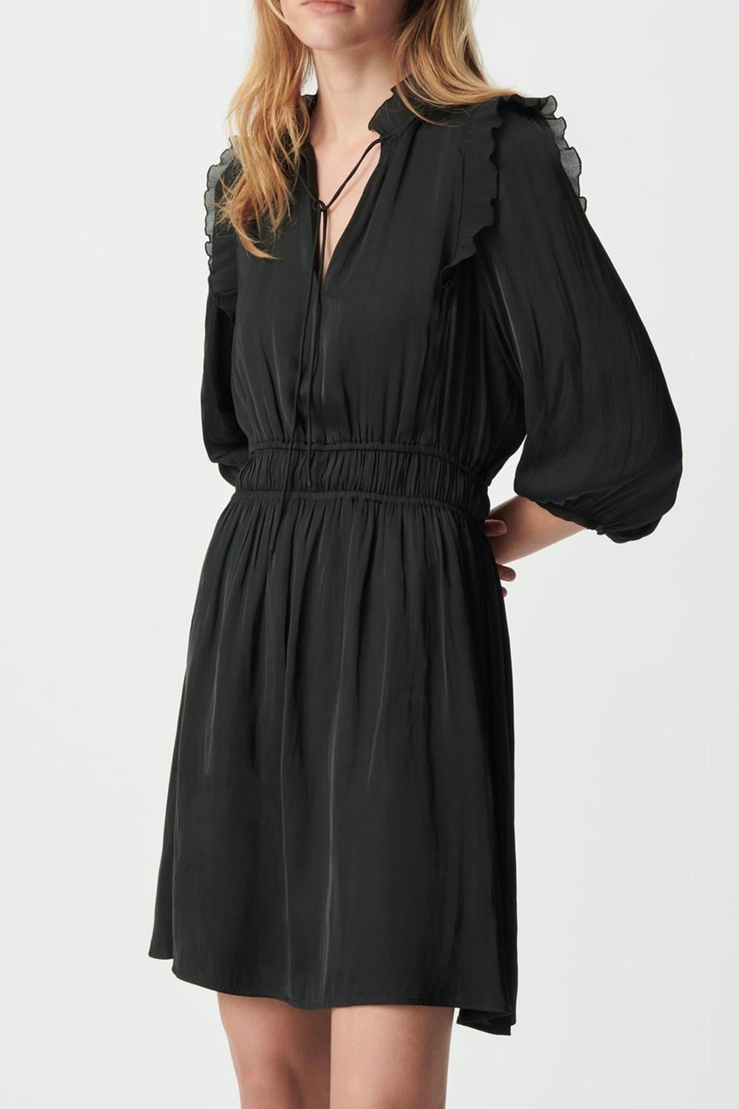BLACK CRUSHED SATIN DRESS WITH PLEATED RUFFLES 1