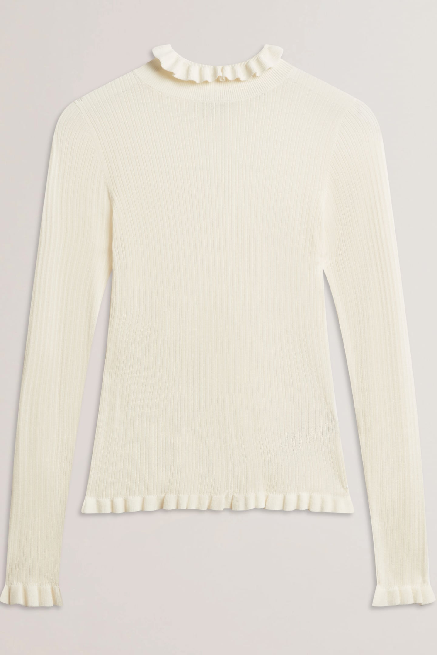 JANITTT RIB FUNNEL NECK FRILL JUMPER IVORY 3