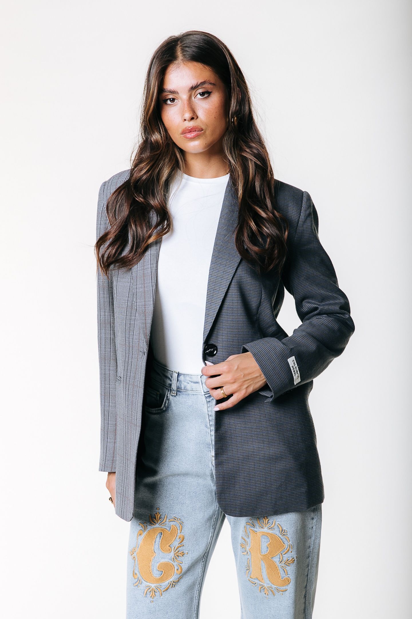 MIMMI CHECK TWO TONE SINGLE BREASTED BLAZER GREY/BLUE 1