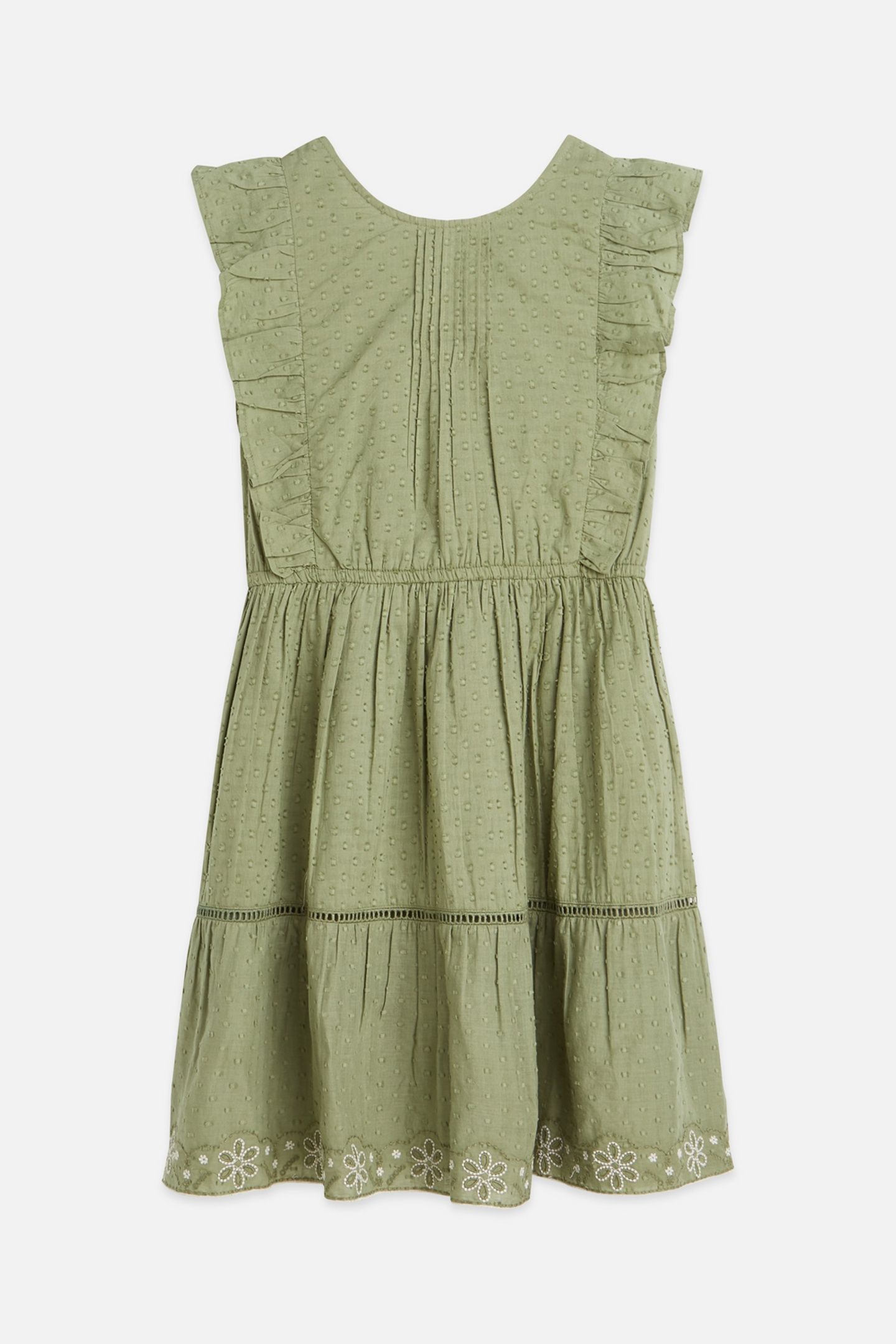 GIRLS EMBROIDERED HEM CLIP JACQUARD COTTON DRESS DARK GREEN 3