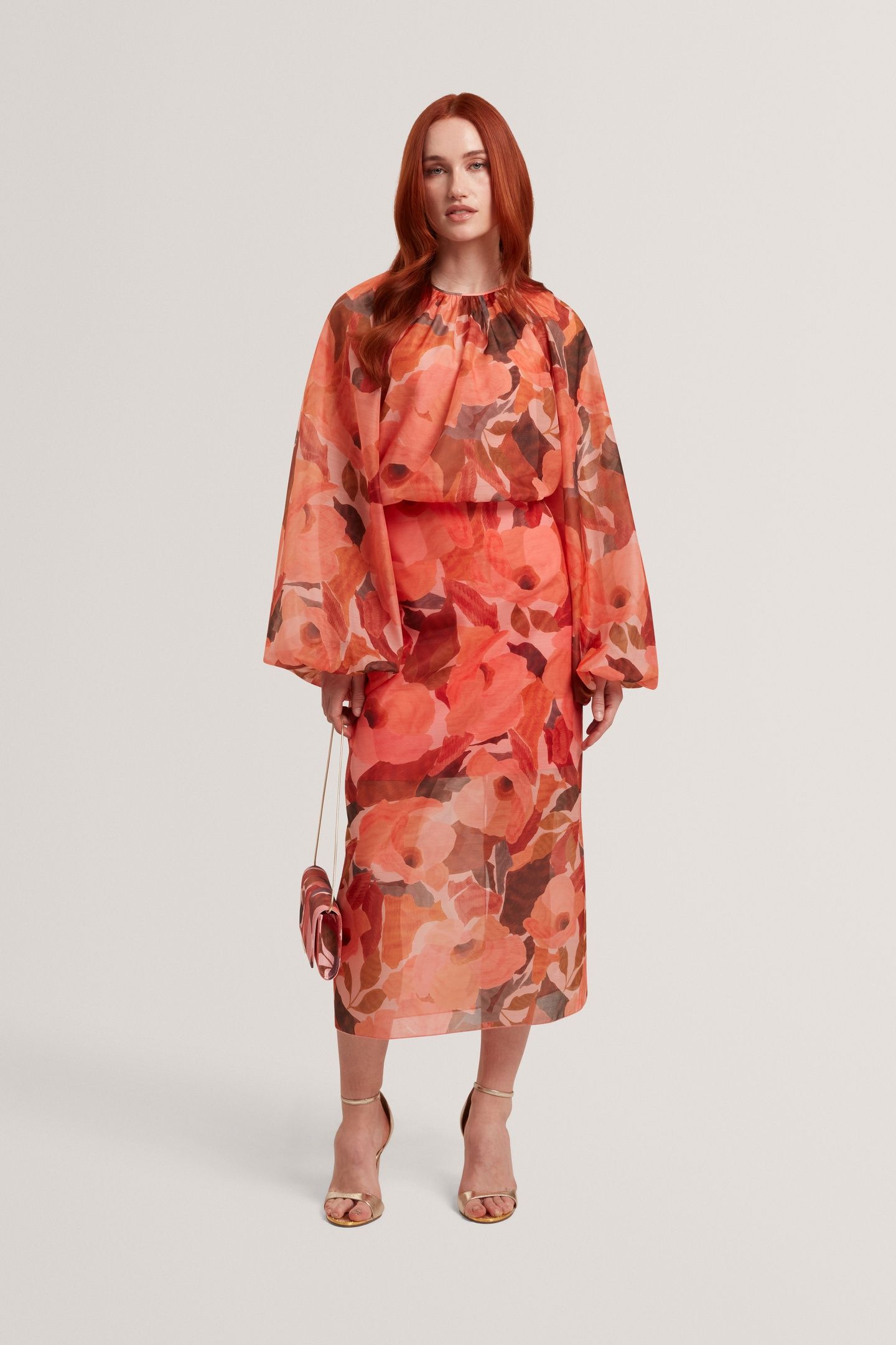 PRINTED ORGANZA OVERLAY MIDI SKIRT CORAL 1