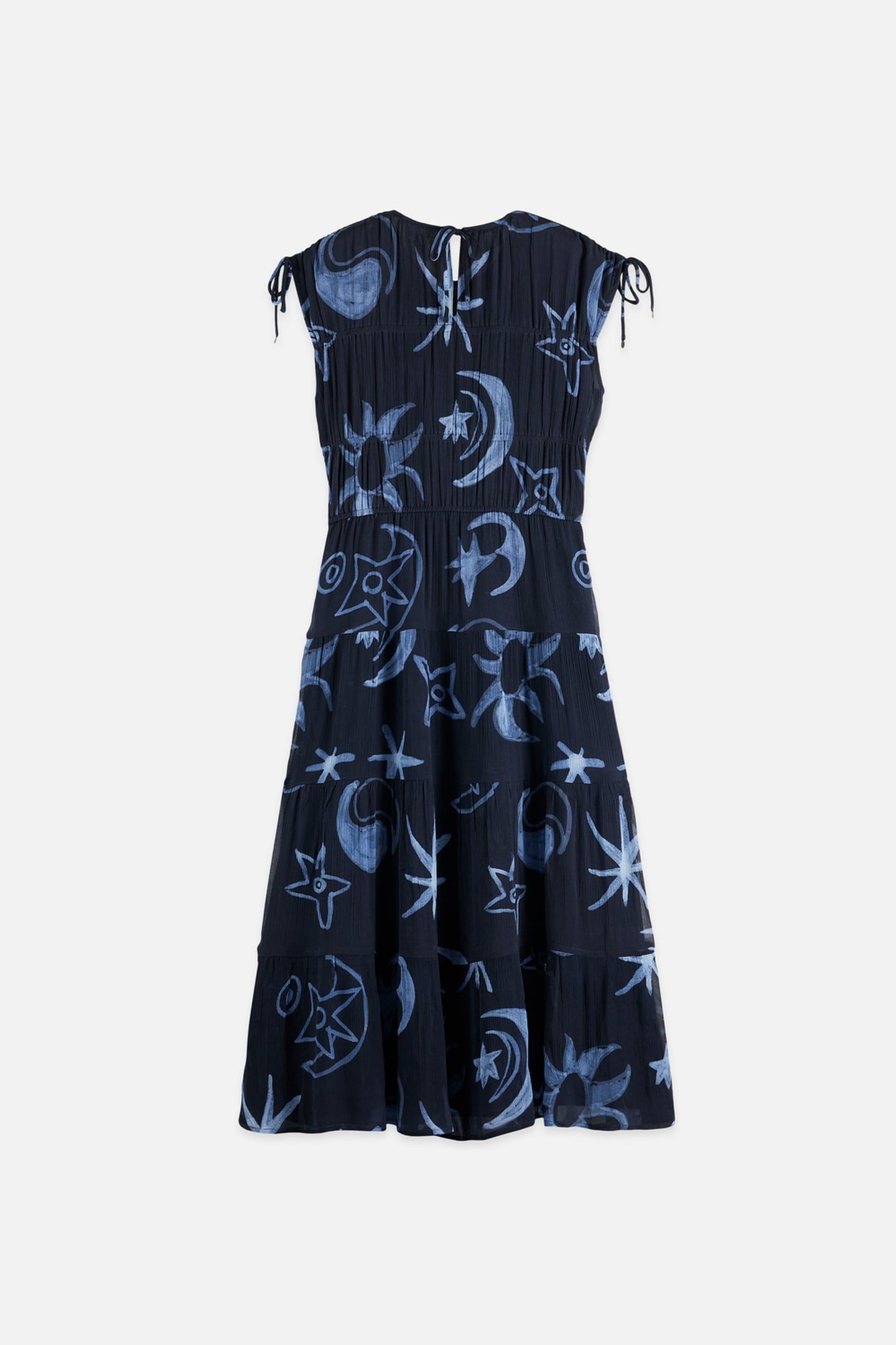 GATHERED WITH TIES MIDI DRESS COSMIC SKY SPACED CARBON 4