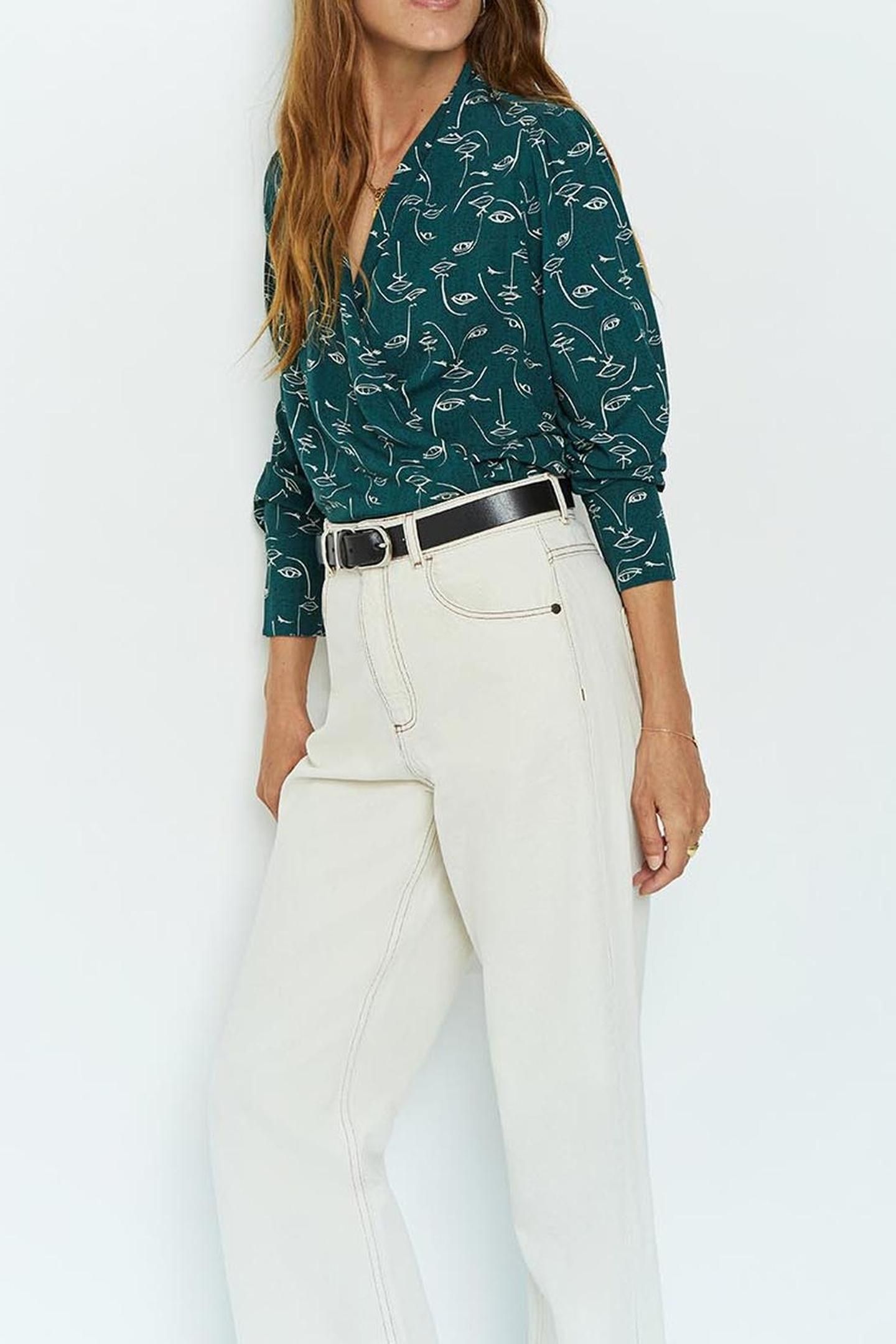 CINNAMON _ CEDAR GREEN BLOUSE WITH FACE PRINT 4