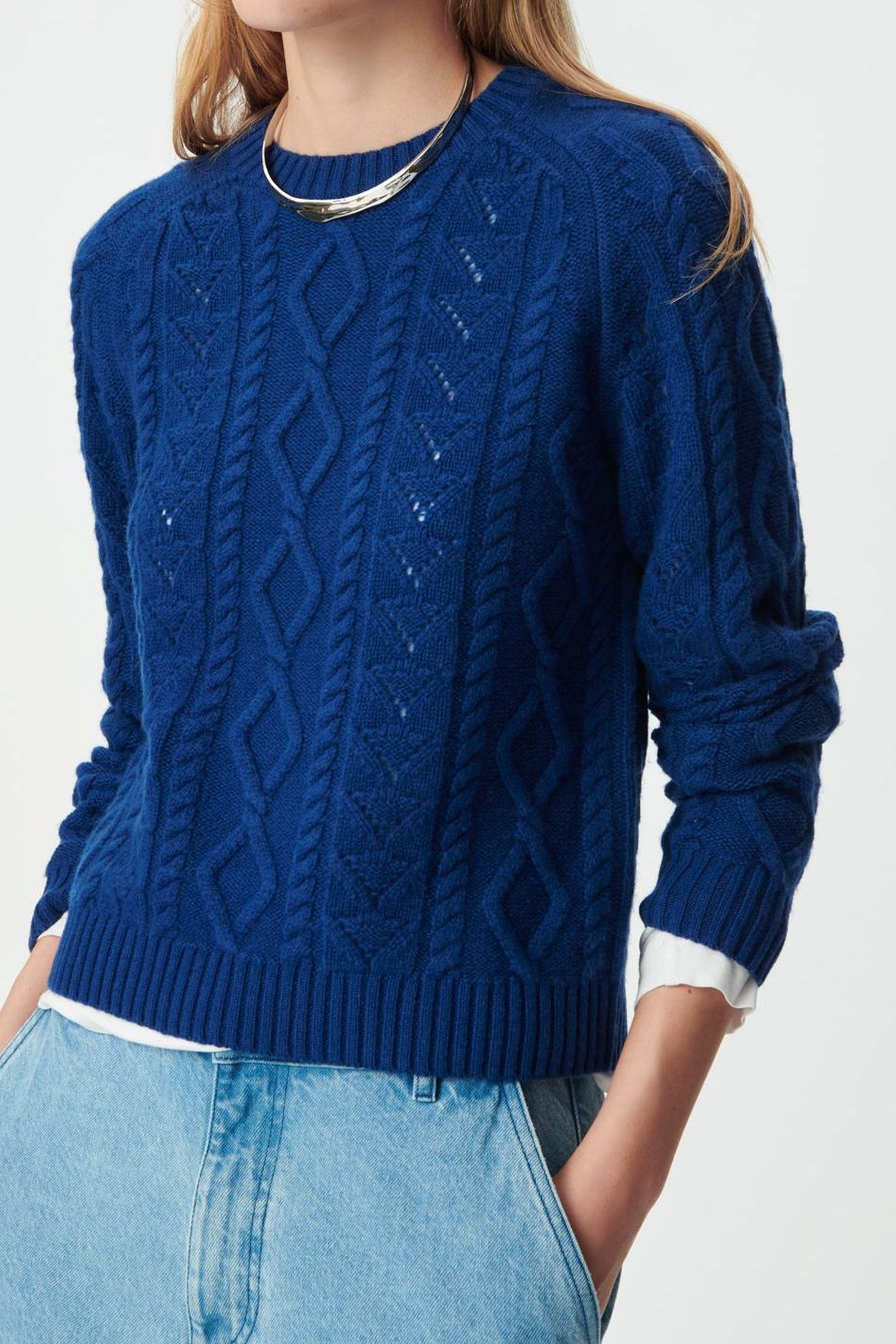 BLUE PURE WOOL SHORT SWEATER, DECORATIVE STITCH 2