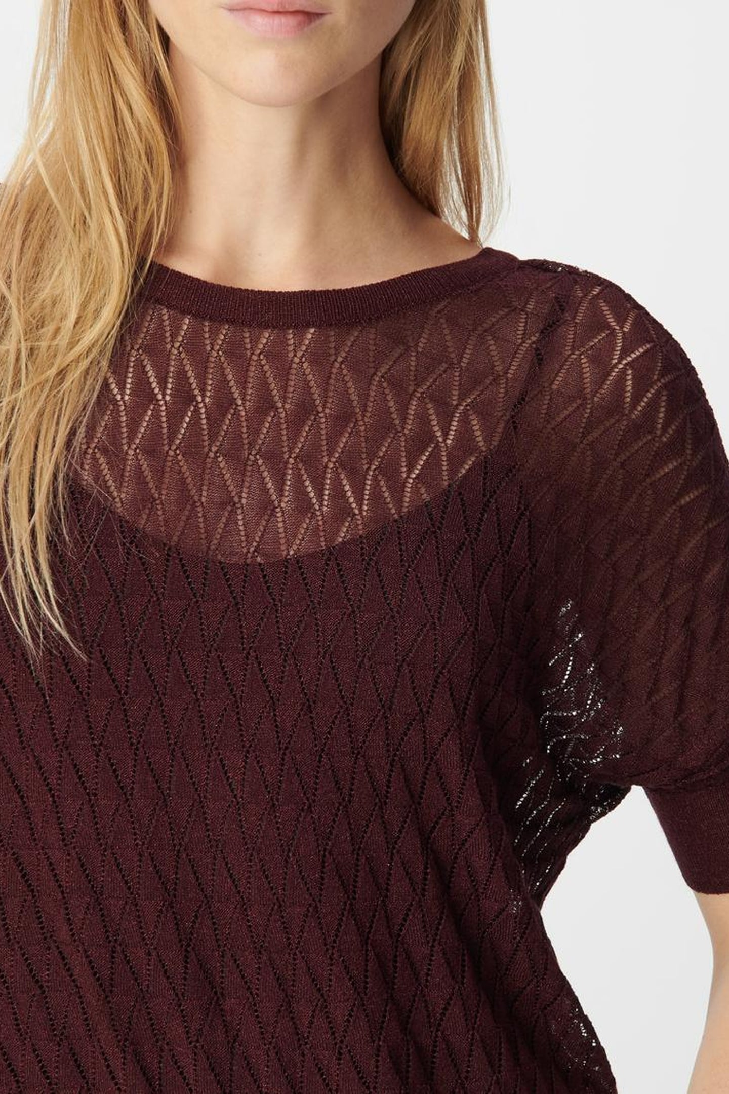 BURGUNDY FINE KNIT LUREX OPENWORK SWEATER 5