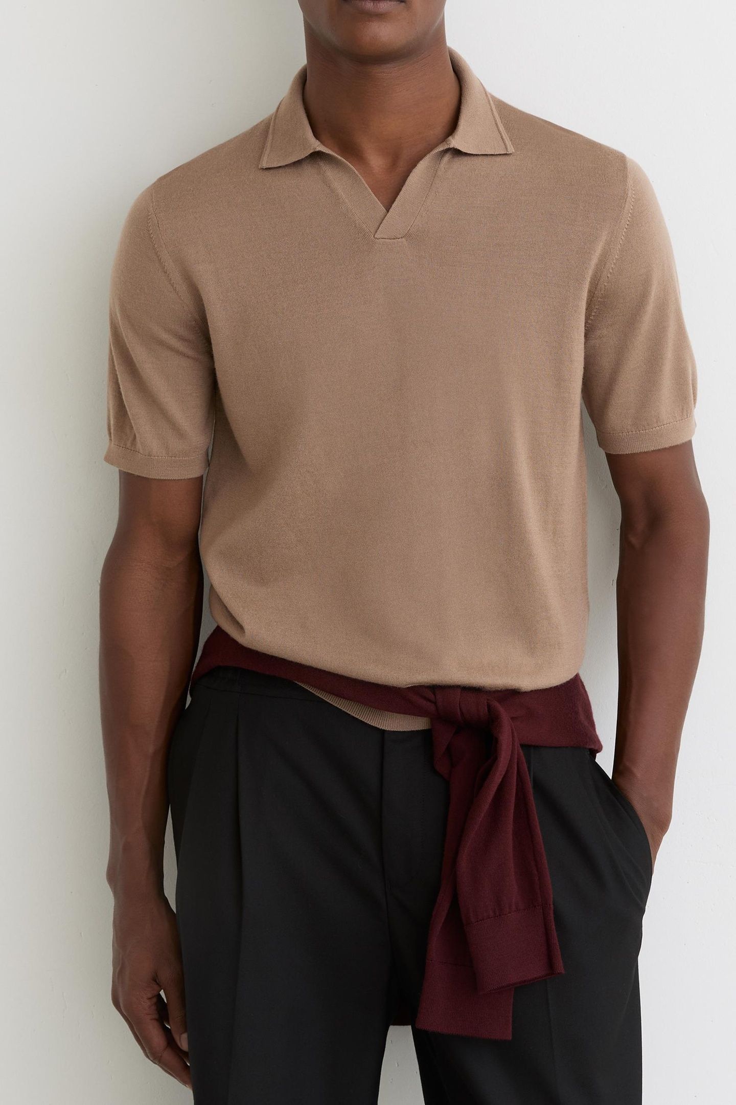 SS OPEN COLLAR MERINO WOOL POLO CAMEL BROWN 1