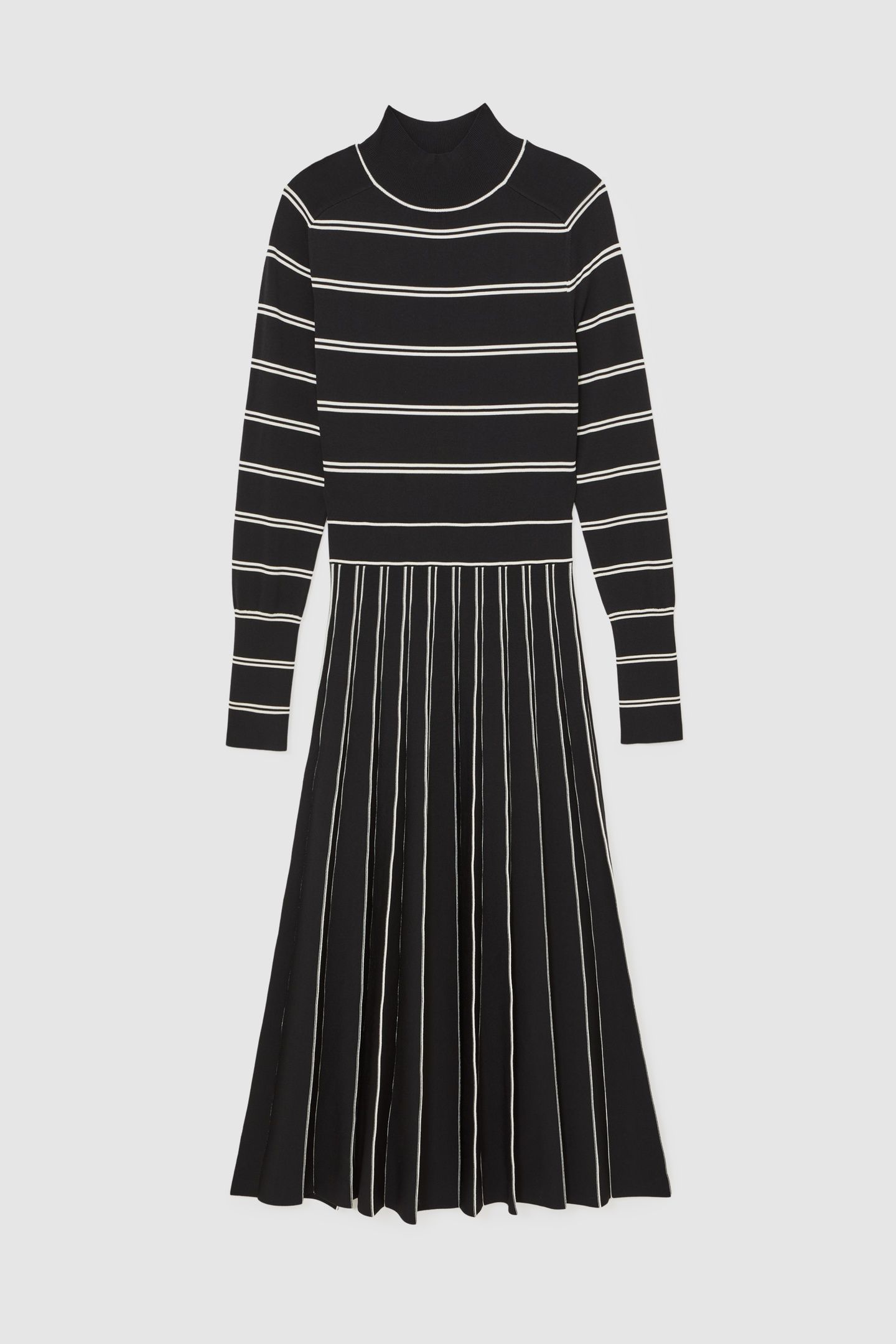 STRIPED PLEAT KNITTED MIDI DRESS BLACK/IVORY 3