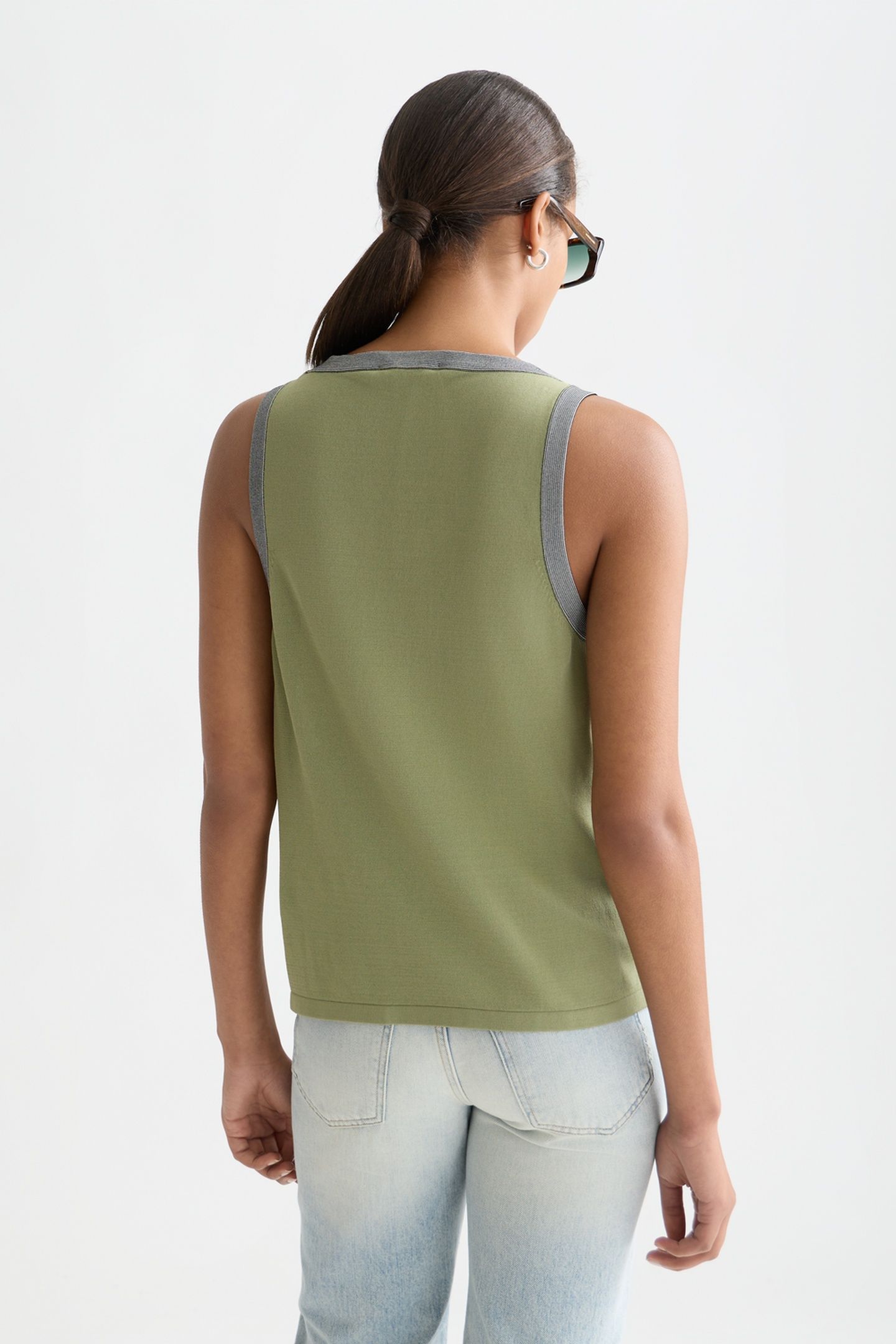 STRIPE TRIM RELAXED KNITTED VEST OIL GREEN 2