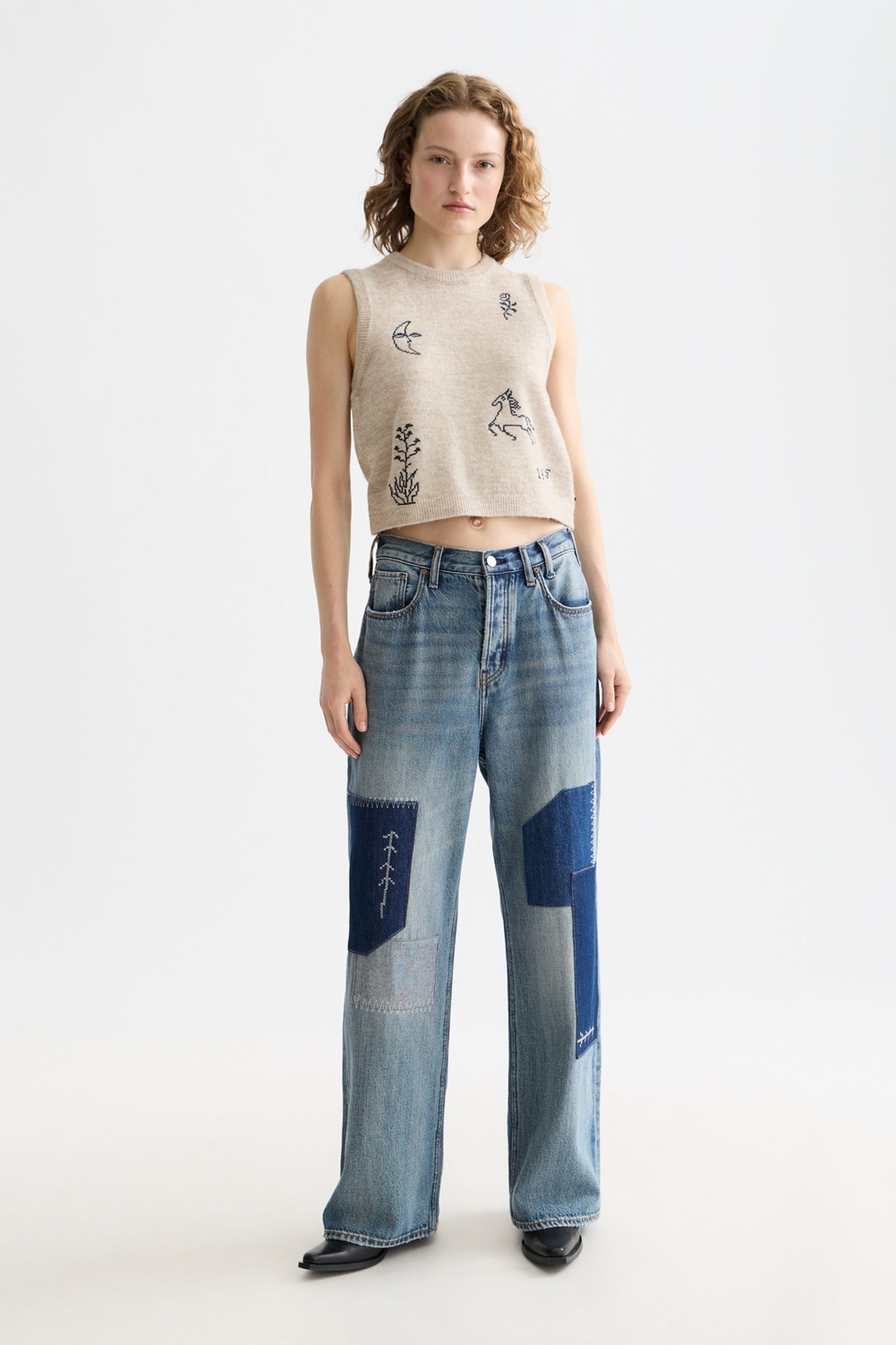 EMBROIDERED CREW NECK KNITTED TANK OATMEAL MELANGE 3